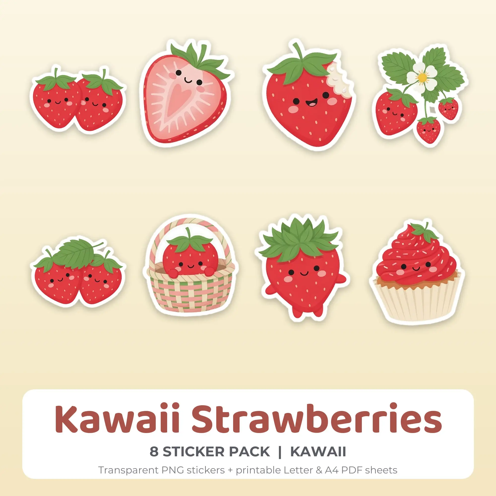 Printable Kawaii Strawberries Sticker Pack, Kawaii Style - 8 PNG, preview 1 of 2