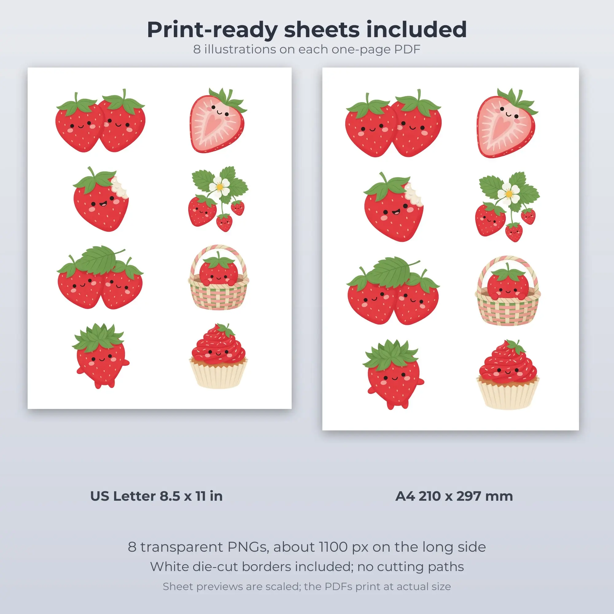 Printable Kawaii Strawberries Sticker Pack, Kawaii Style - 8 PNG, preview 2 of 2