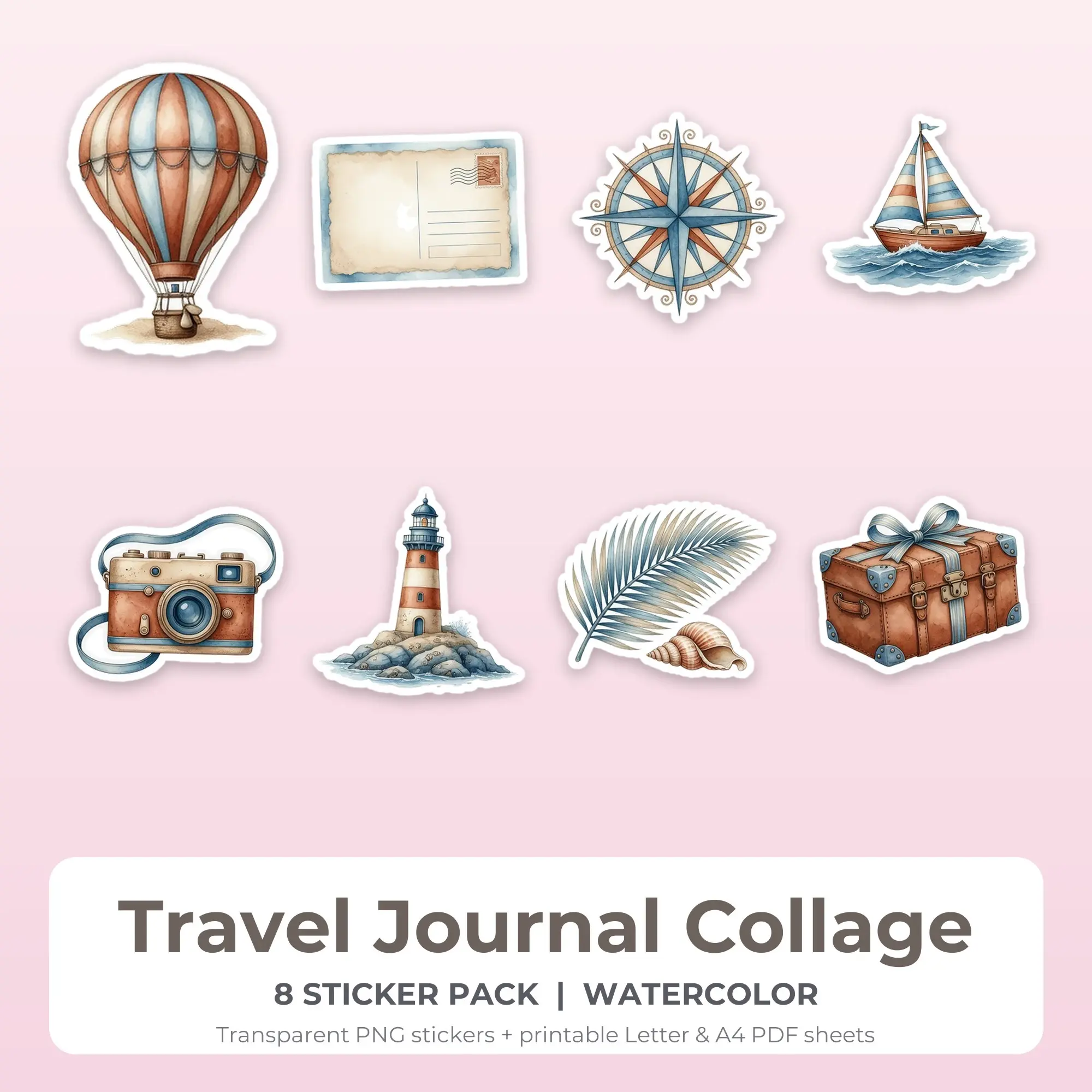 Watercolor Travel Journal Collage Sticker Set - 8 Printable PNG preview