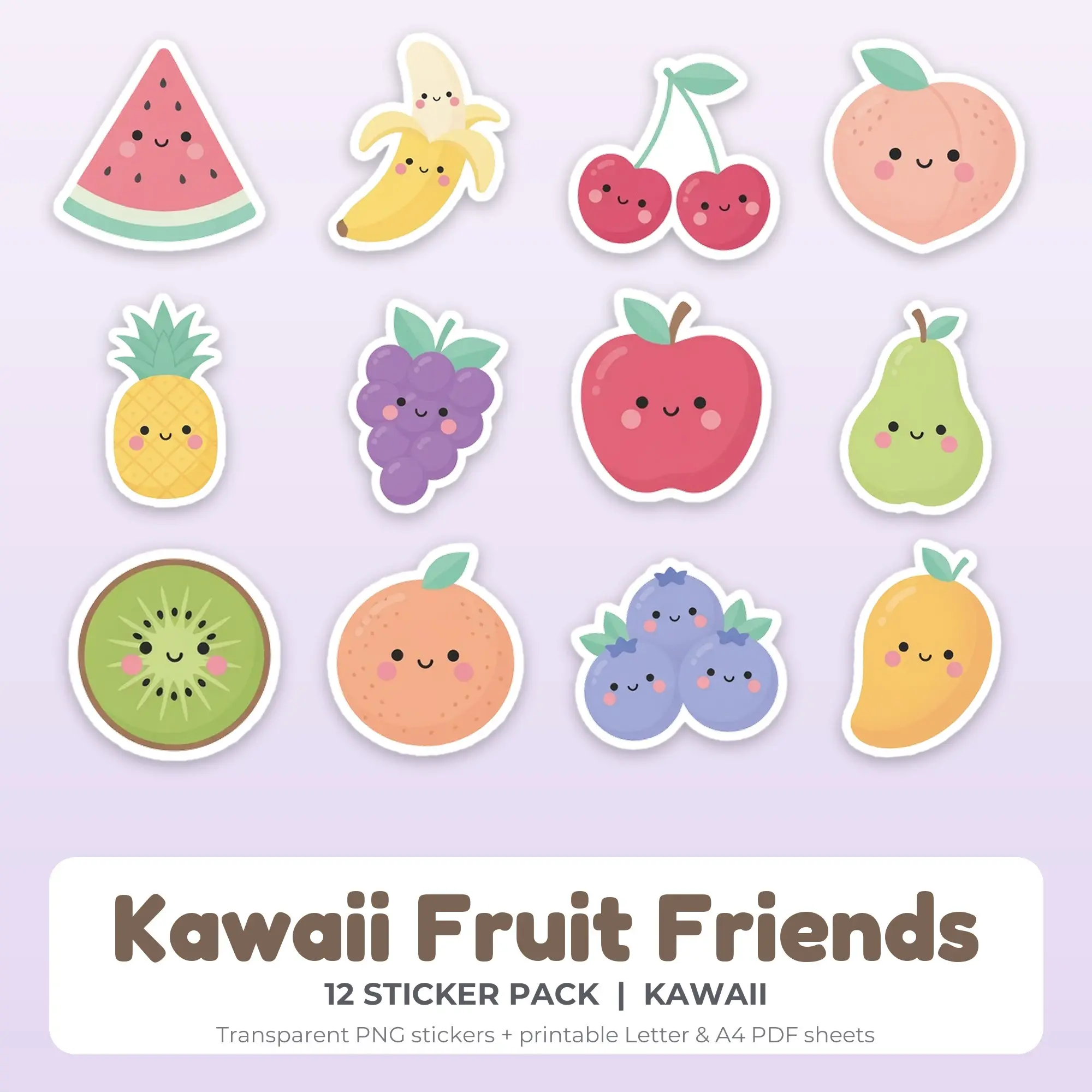 Printable Kawaii Fruit Friends Sticker Pack, Kawaii Style - 12 PNG preview