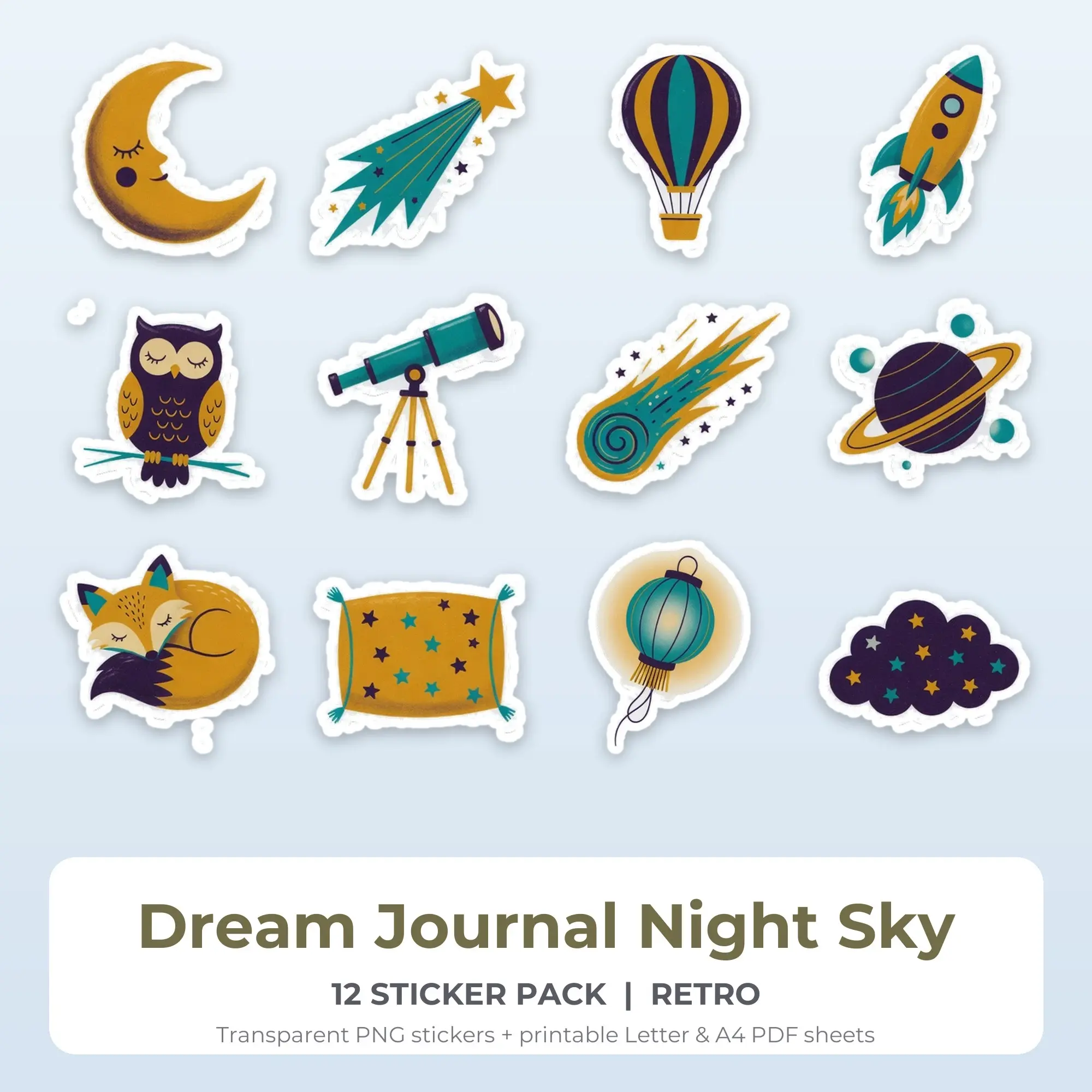 Dream Journal Night Sky Stickers, 12 PNG + Printable PDF Sheet preview
