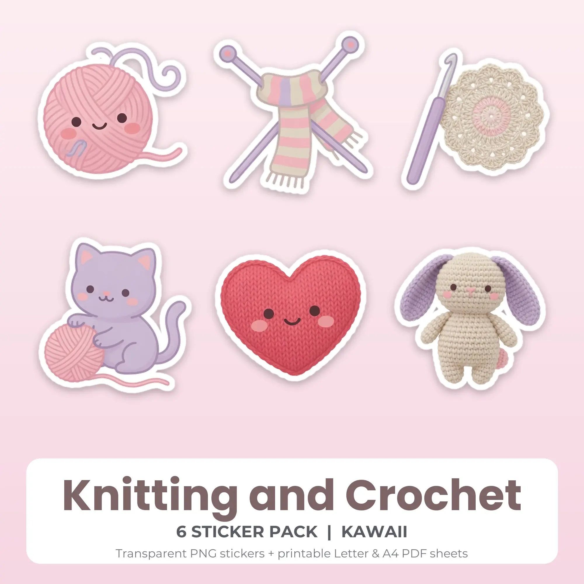 Printable Knitting and Crochet Sticker Pack, Kawaii Style - 6 PNG preview