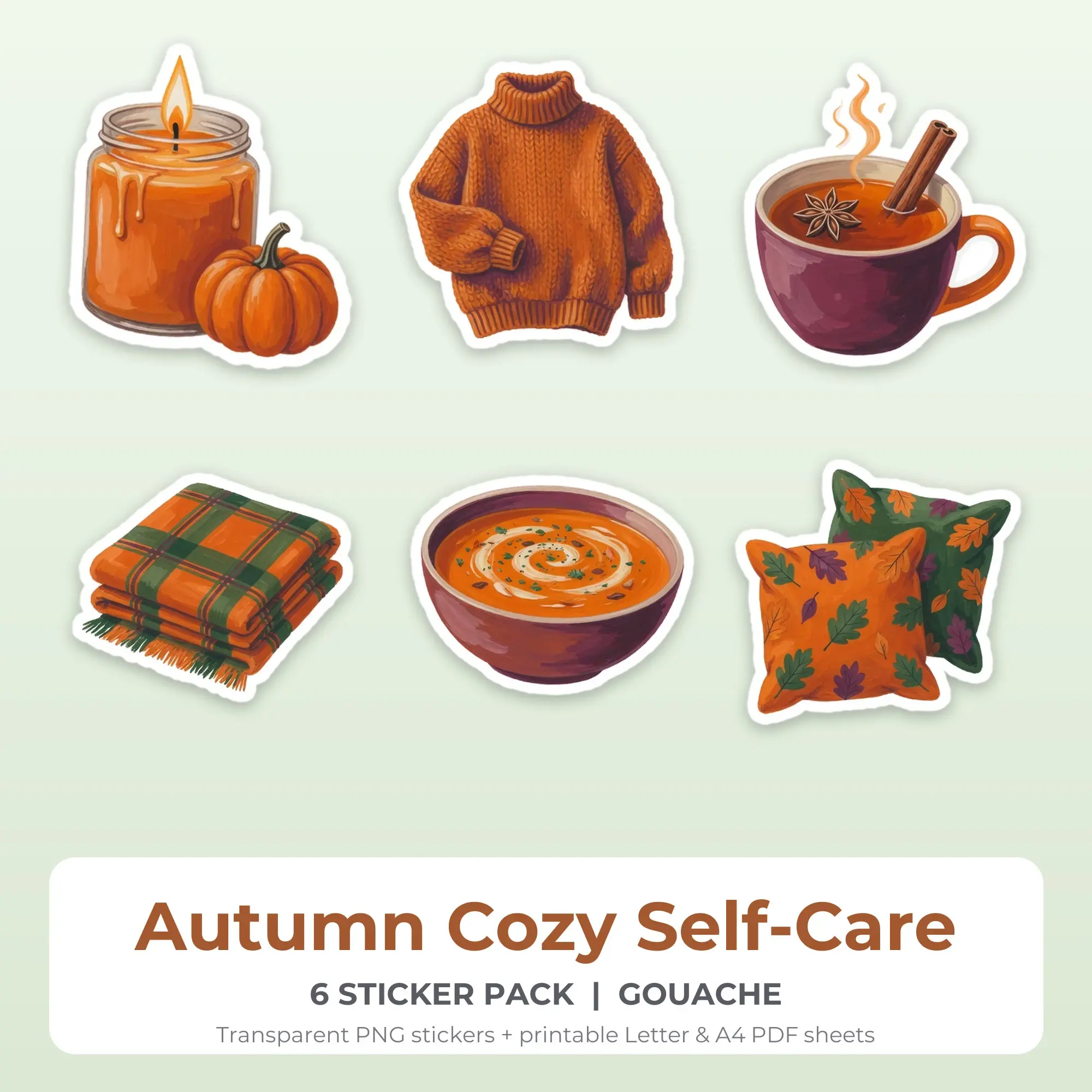 Autumn Cozy Self-Care Printable Stickers - 6 Die-Cut PNG + PDF preview