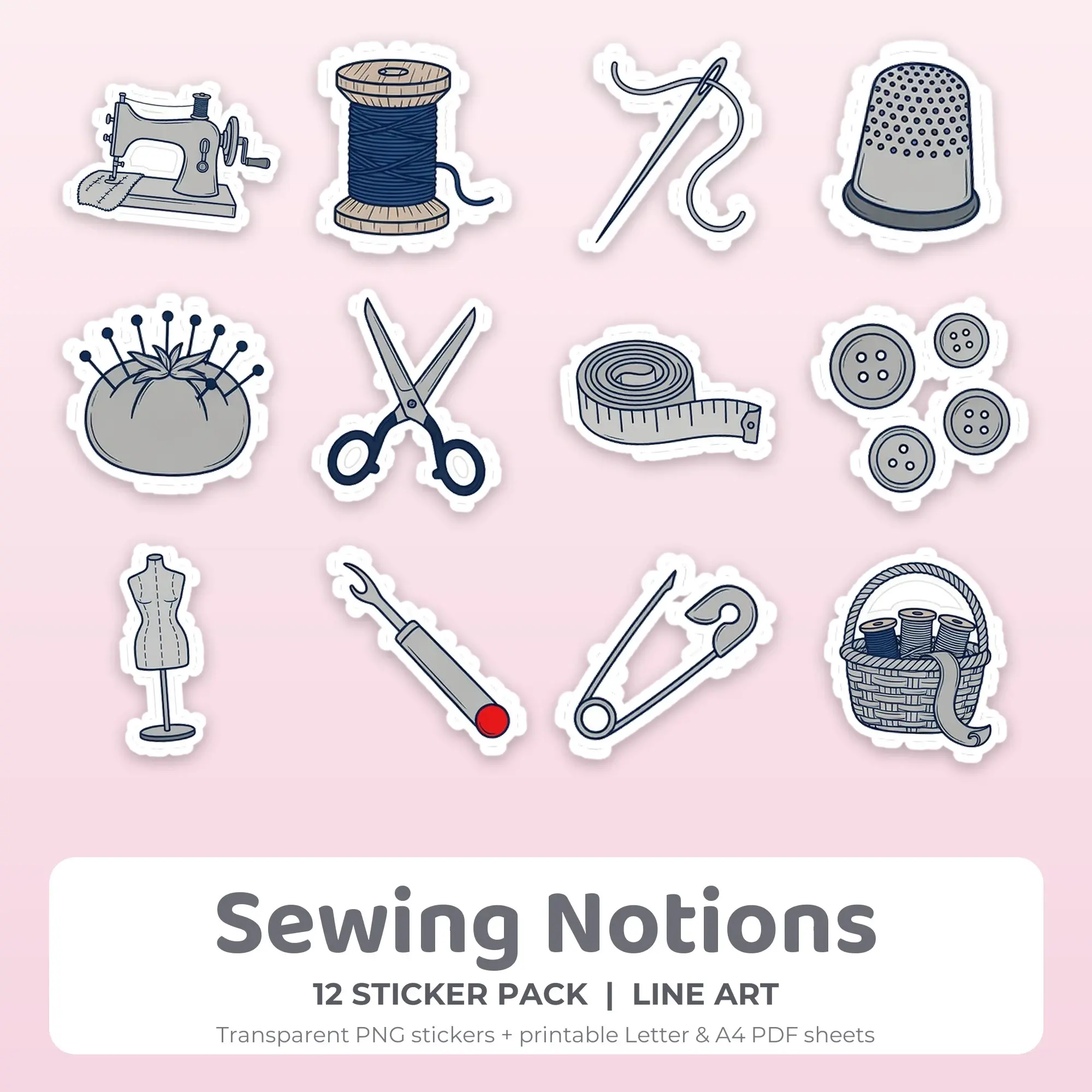 12 Sewing Notions Stickers - Printable Sticker Sheet PDF preview