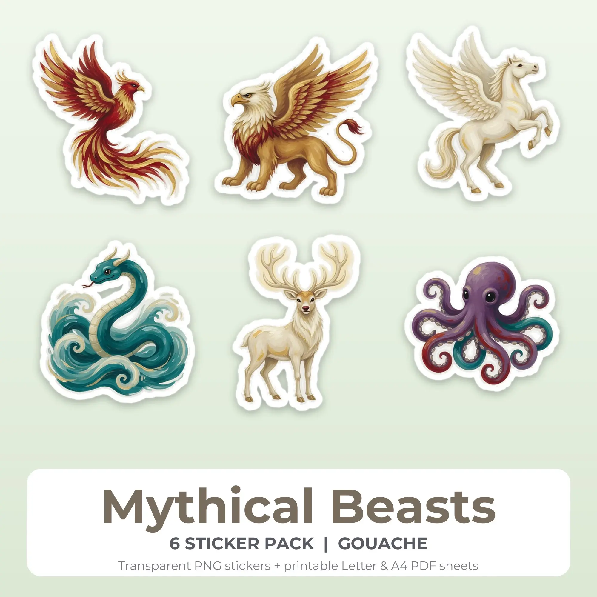 6 Mythical Beasts Stickers - Printable Sticker Sheet PDF preview