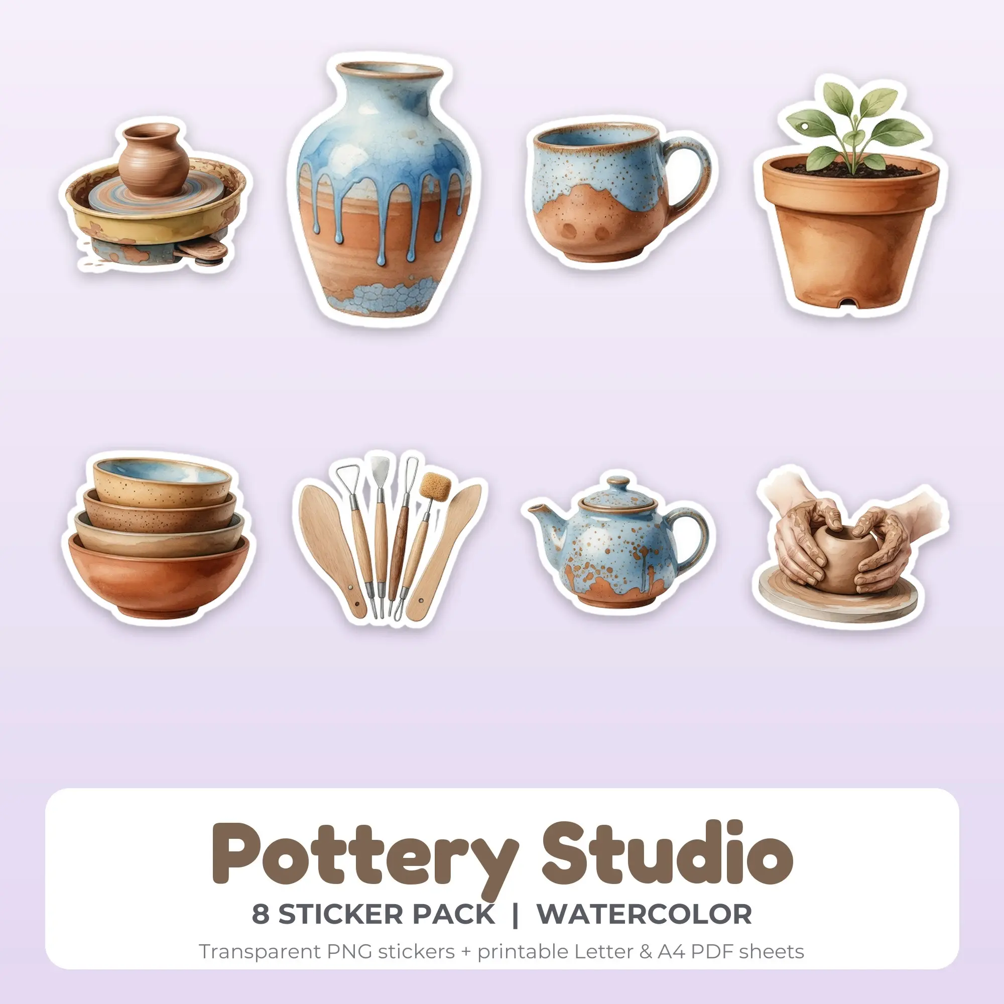 Pottery Studio Printable Stickers - 8 Die-Cut PNG + PDF preview
