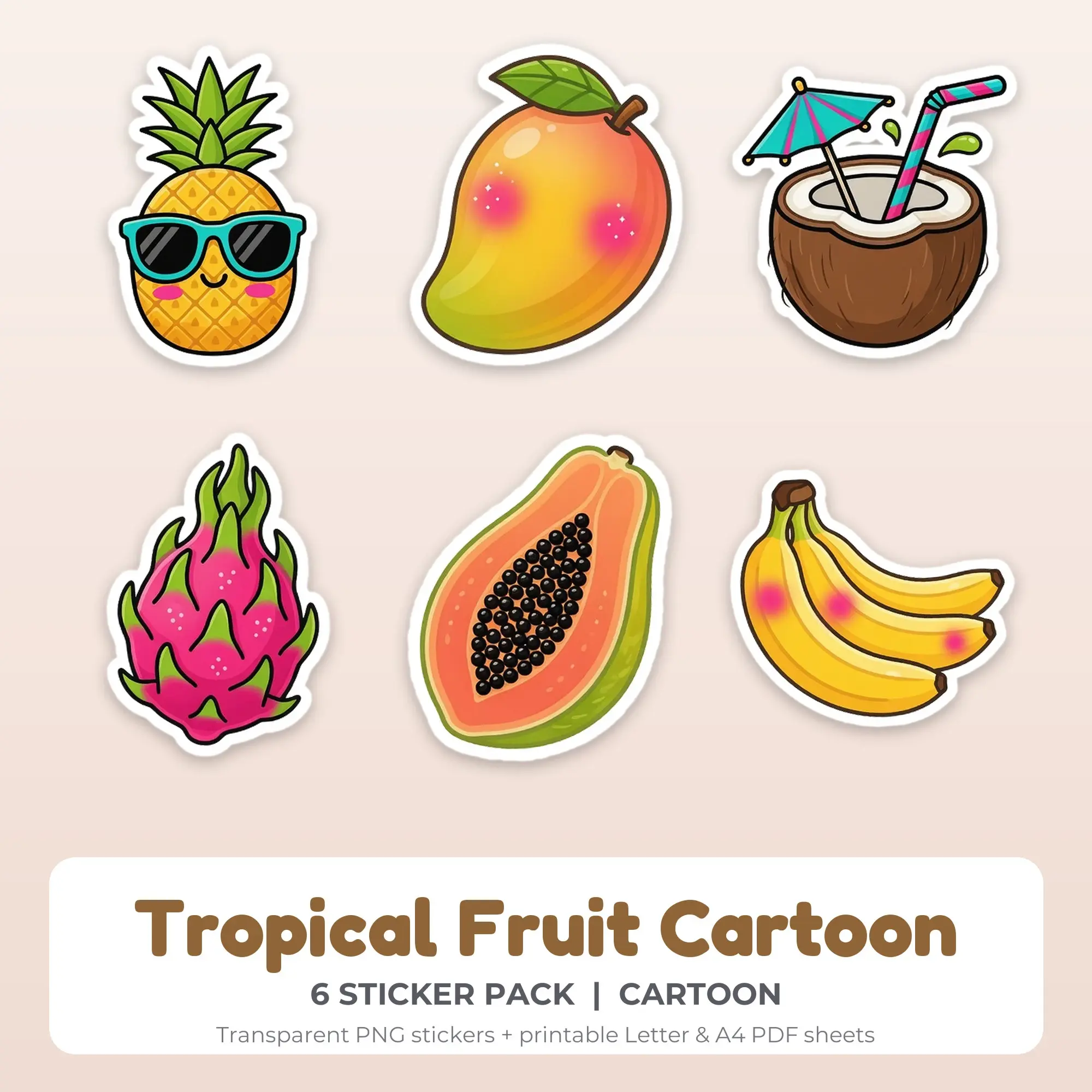 Tropical Fruit Cartoon Sticker Pack - 6 Printable Stickers preview