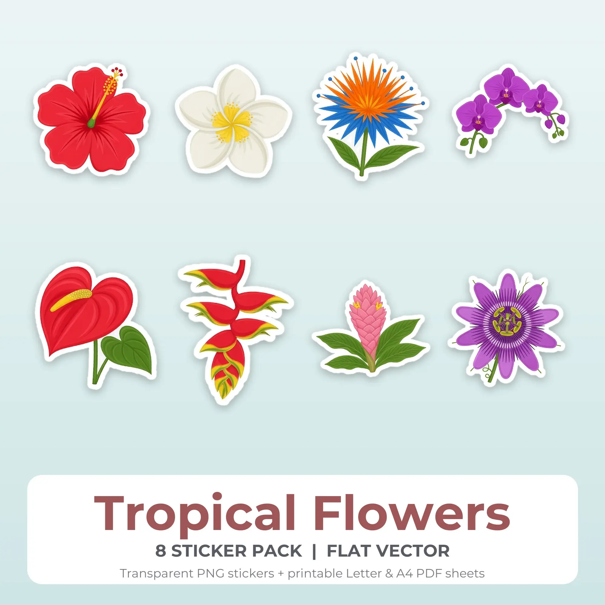 Tropical Flowers Sticker Pack - 8 Printable Stickers preview