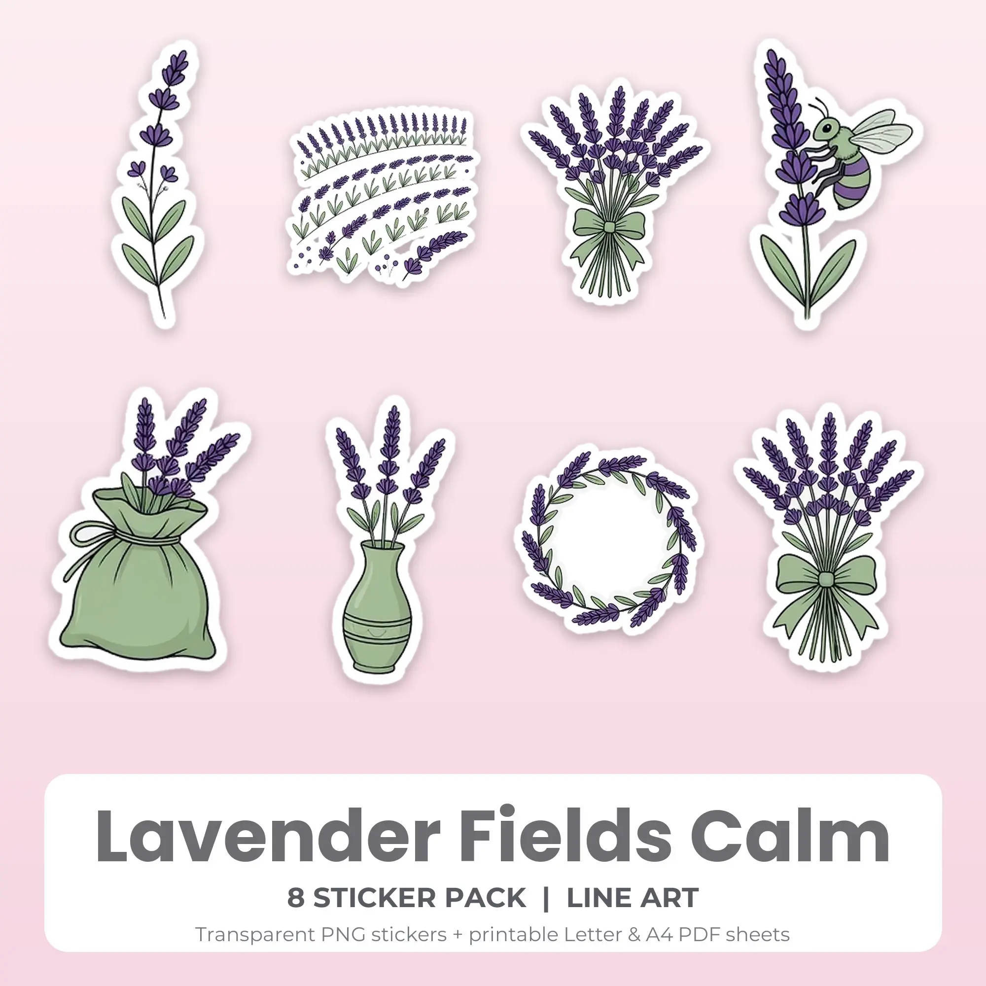 8 Lavender Fields Calm Stickers - Printable Sticker Sheet PDF preview