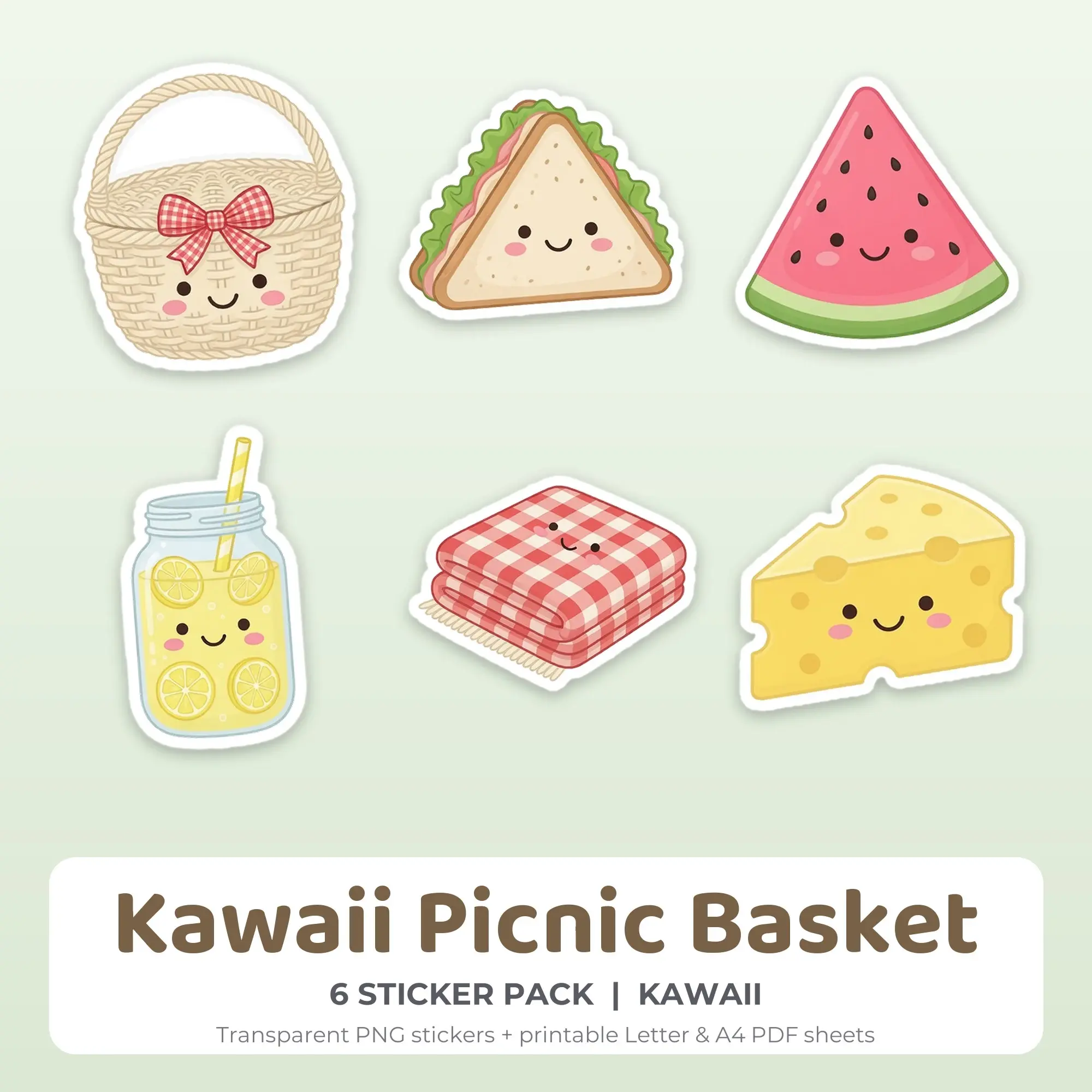 Kawaii Picnic Basket Sticker Set - 6 Printable PNG preview