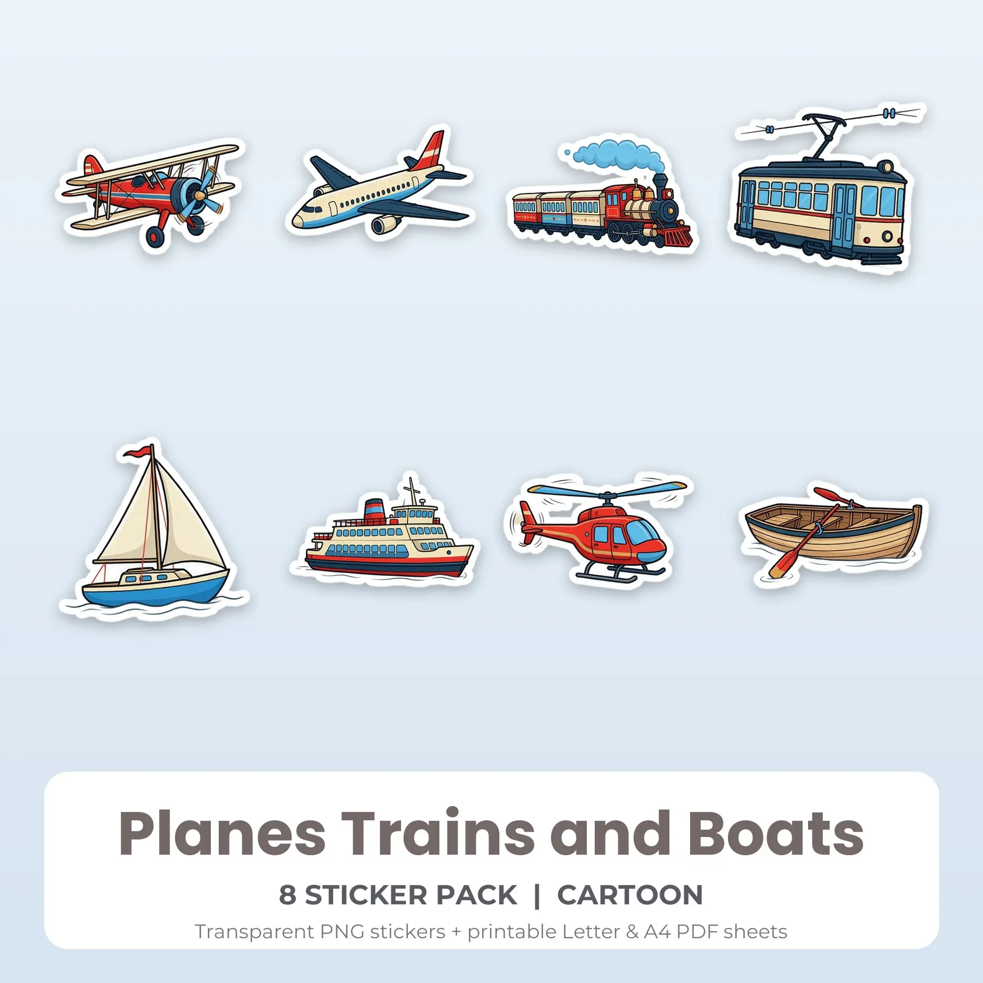 Planes Trains and Boats Sticker Pack - 8 Printable Stickers preview
