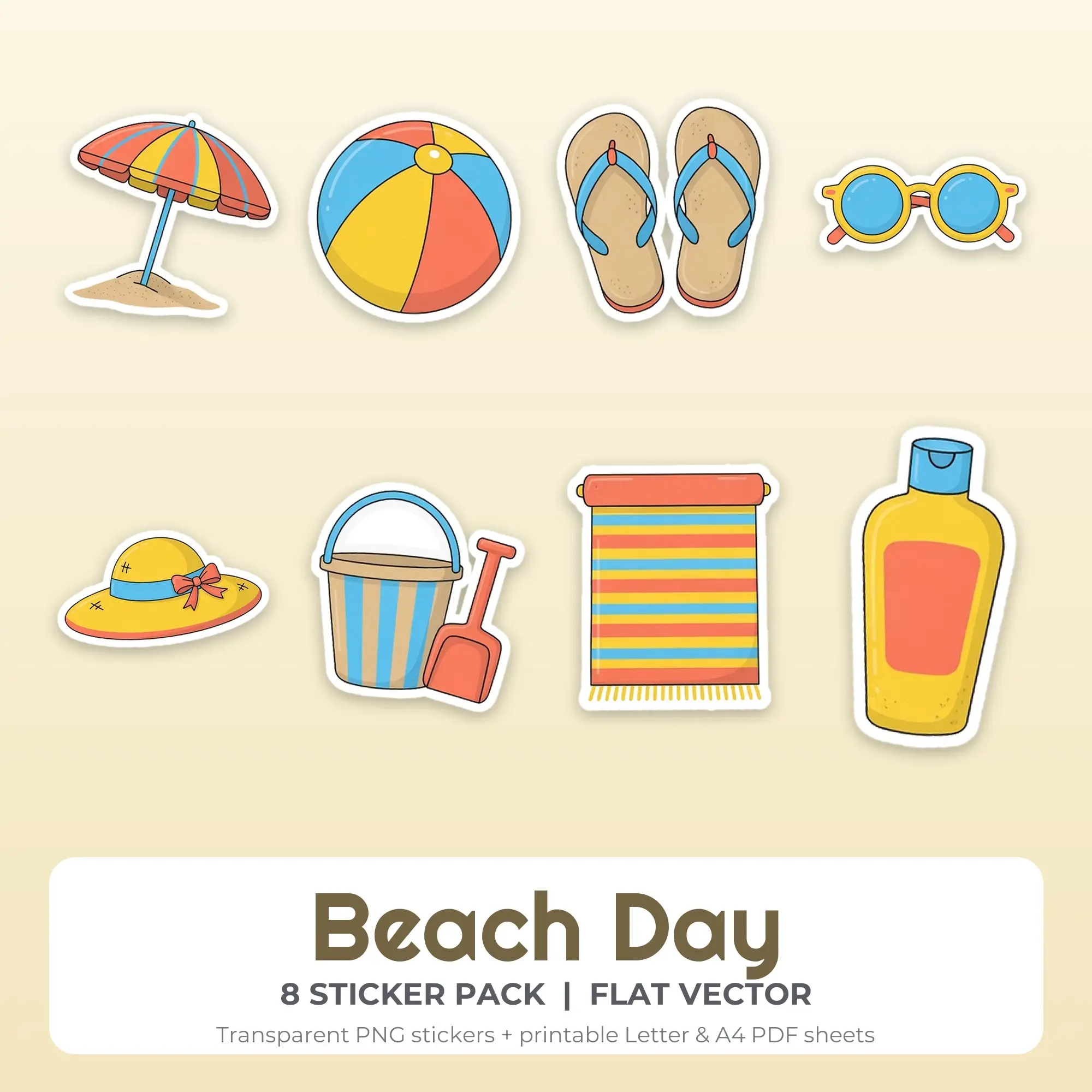 Flat Vector Beach Day Sticker Set - 8 Printable PNG preview
