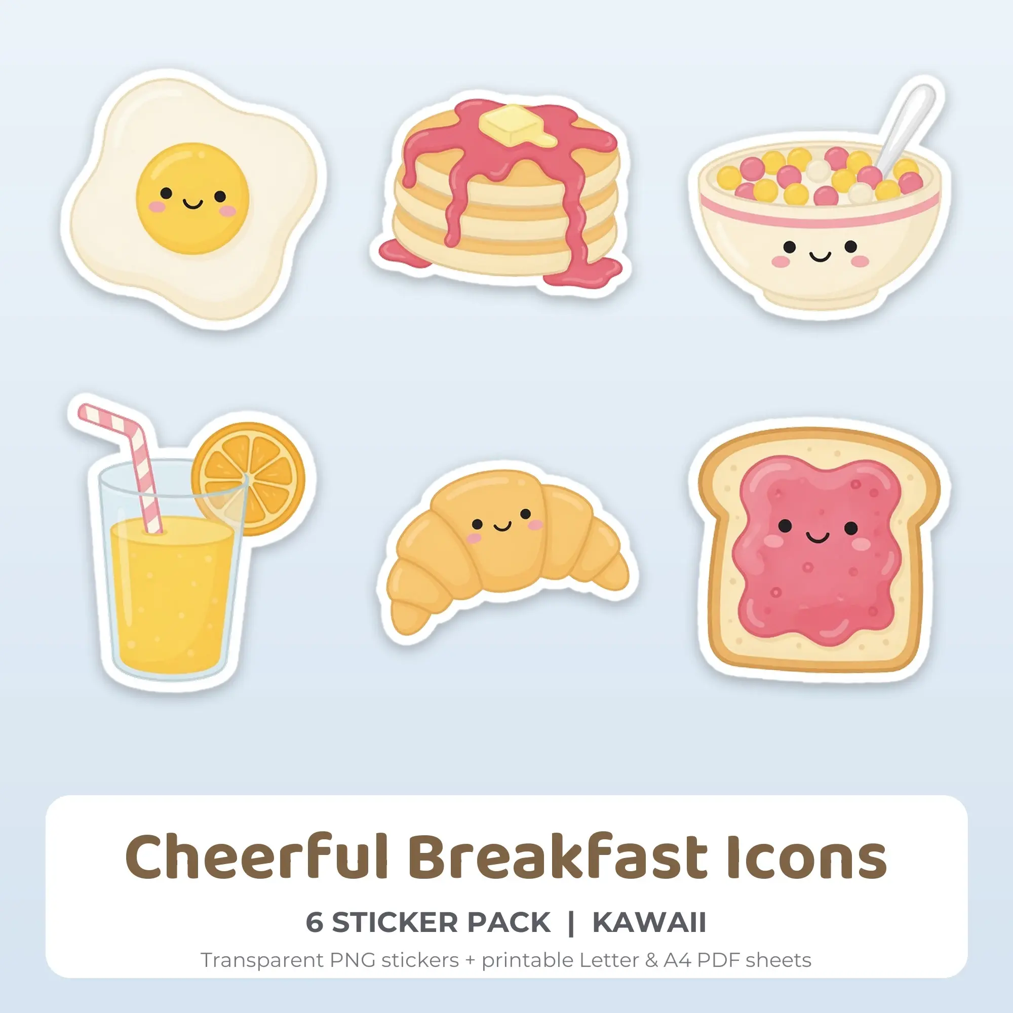 Printable Cheerful Breakfast Icons Sticker Pack, Kawaii Style - 6 PNG preview