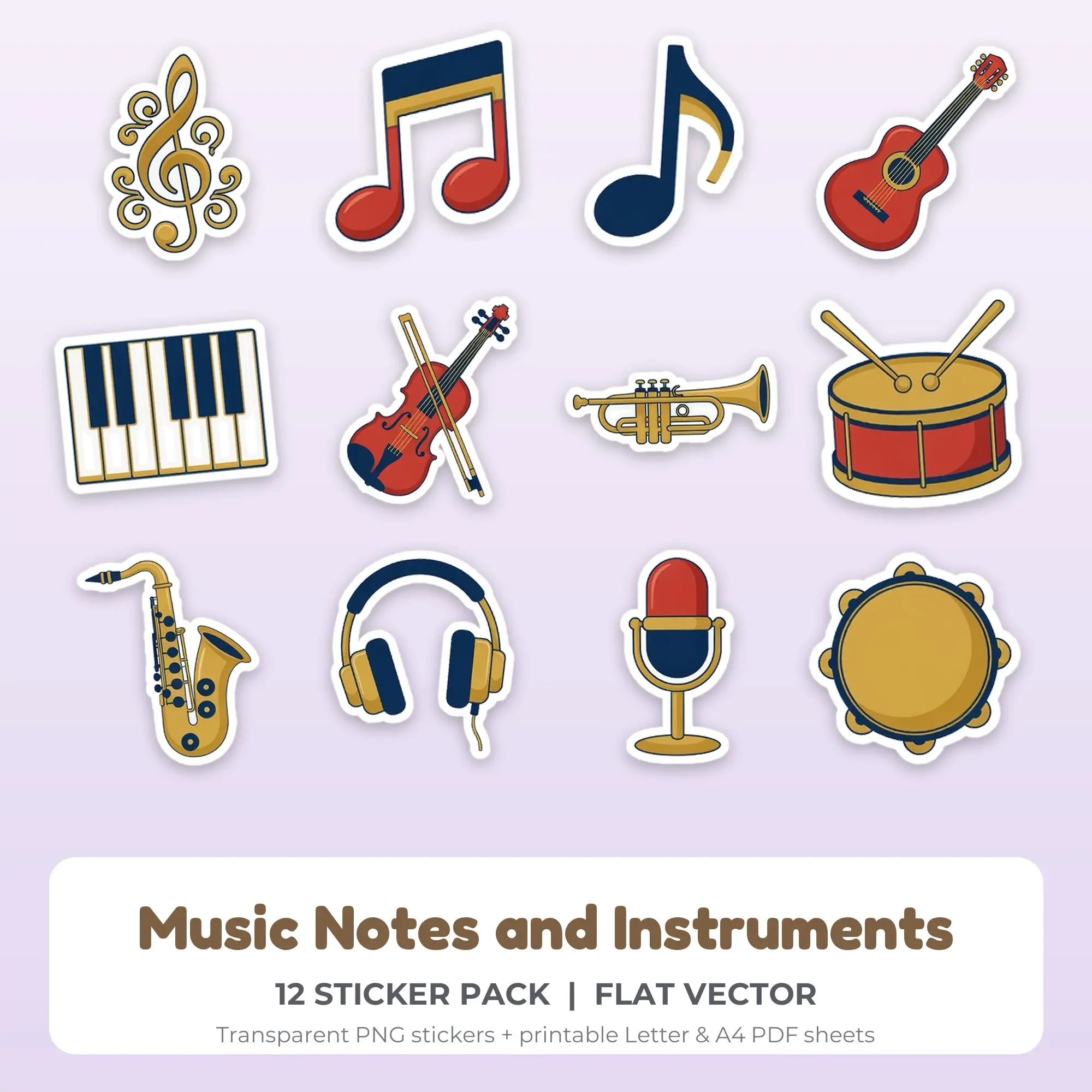 Music Notes and Instruments Stickers, 12 PNG + Printable PDF Sheet preview