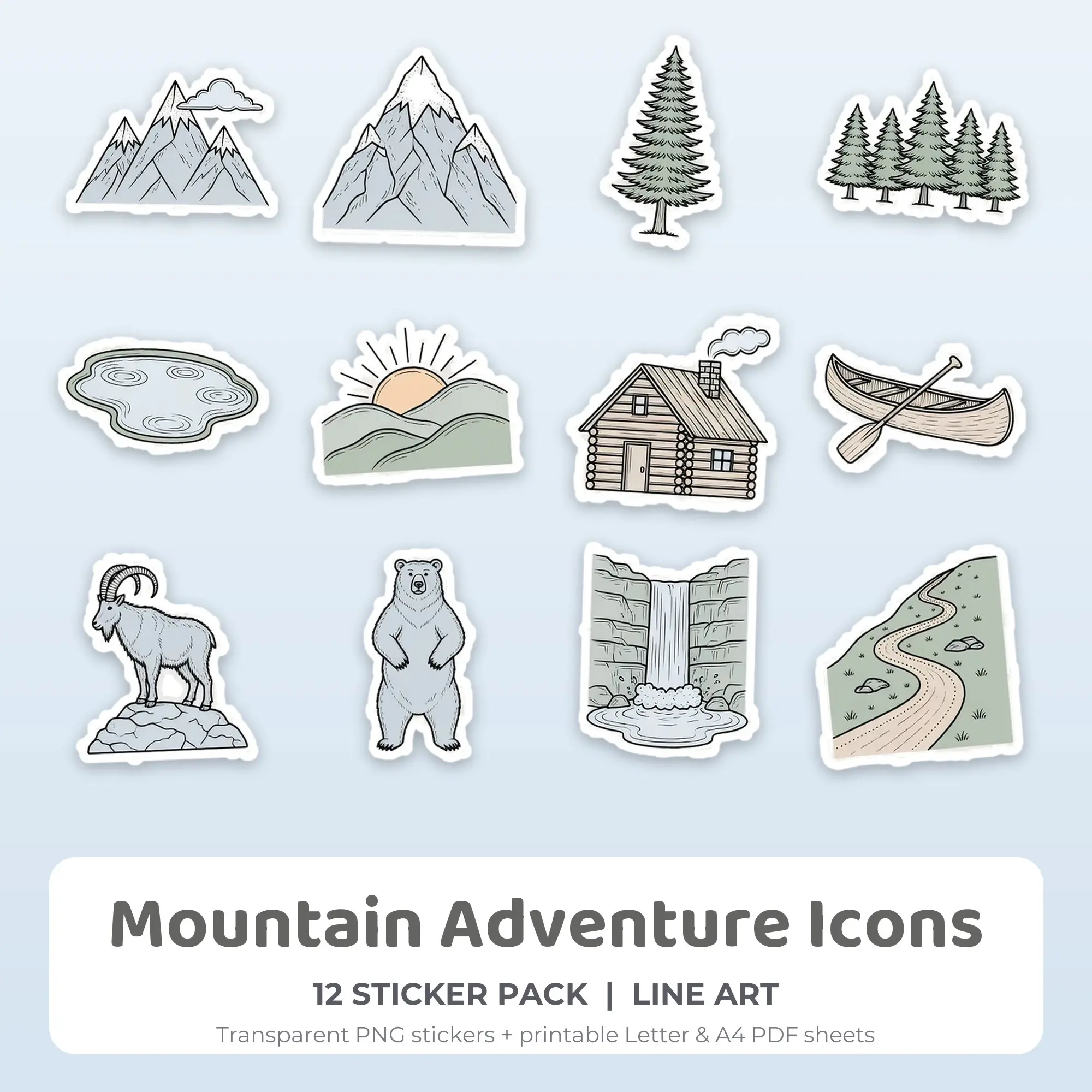 Mountain Adventure Icons Printable Stickers - 12 Die-Cut PNG + PDF preview