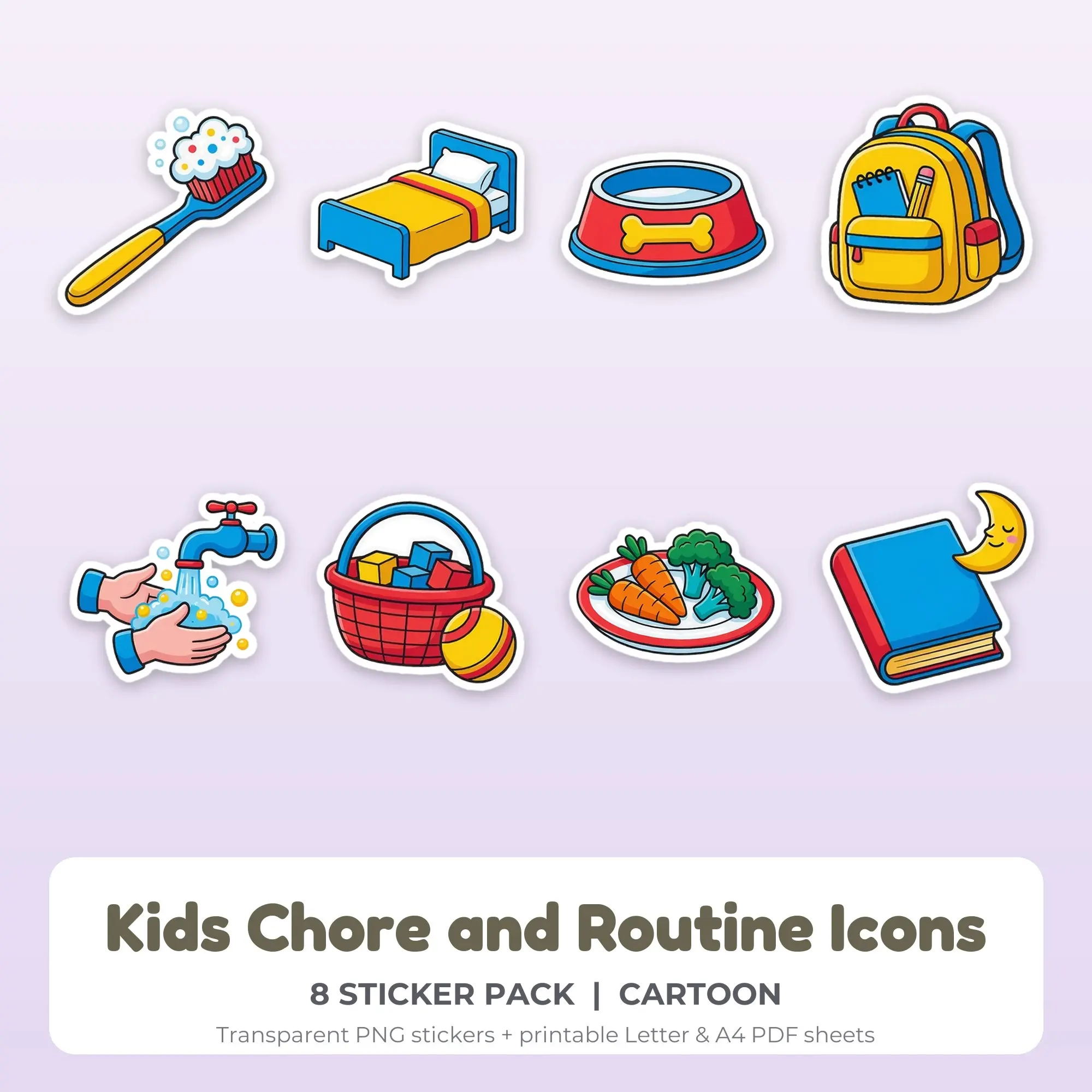 Kids Chore and Routine Icons Printable Stickers - 8 Die-Cut PNG + PDF preview