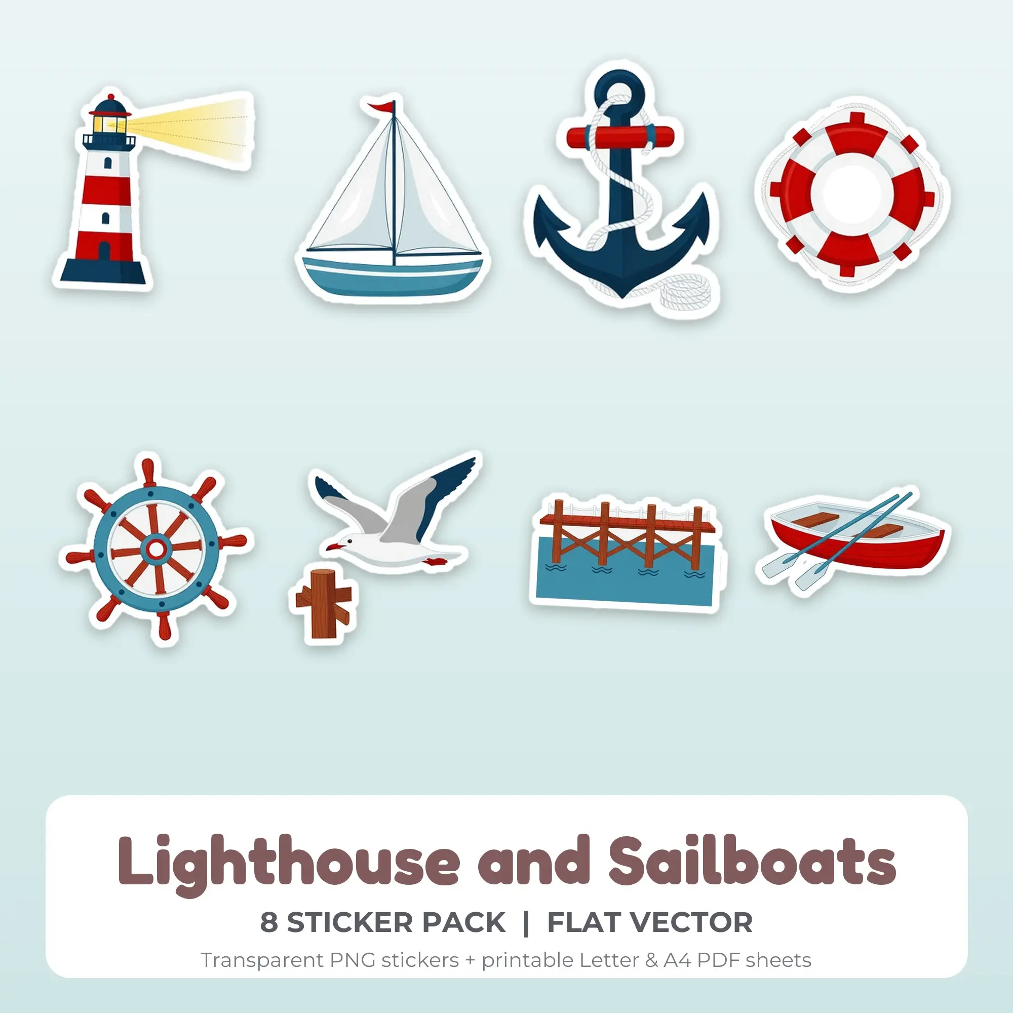 Lighthouse and Sailboats Printable Stickers - 8 Die-Cut PNG + PDF preview