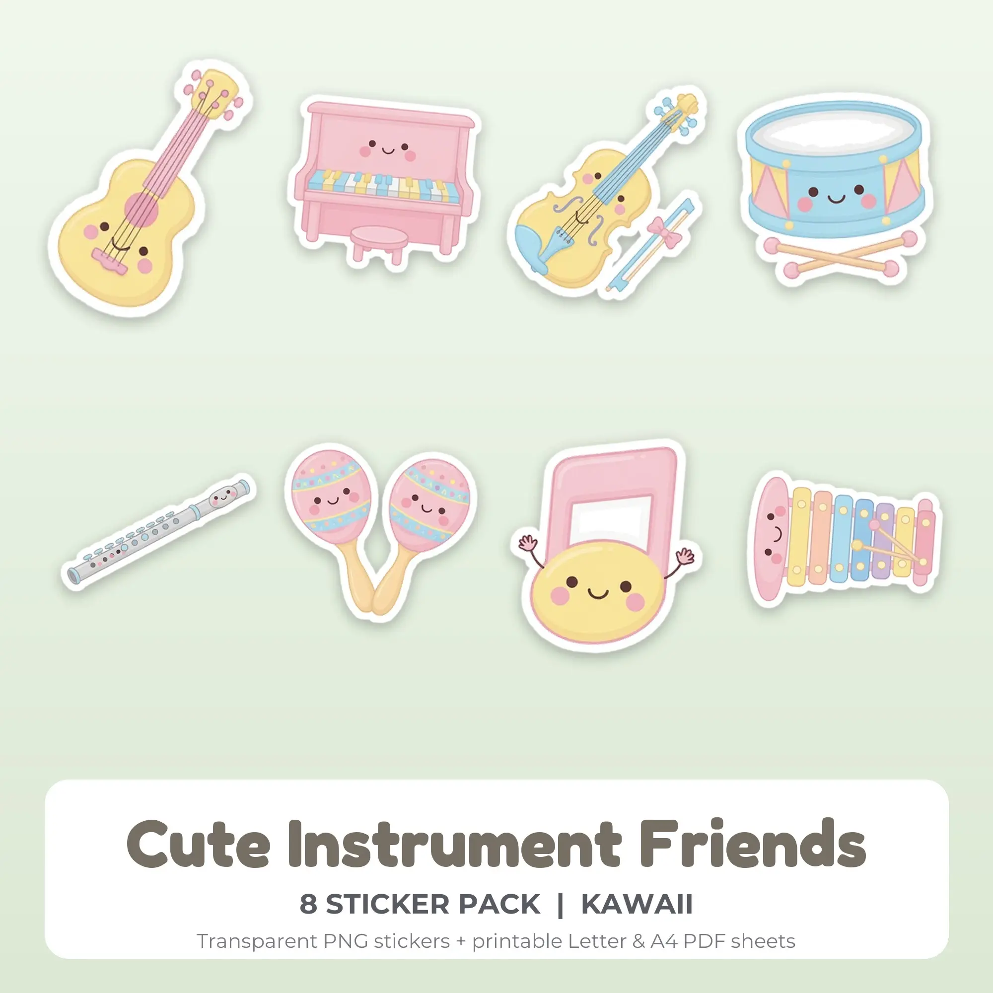 Cute Instrument Friends Sticker Pack - 8 Printable Stickers preview