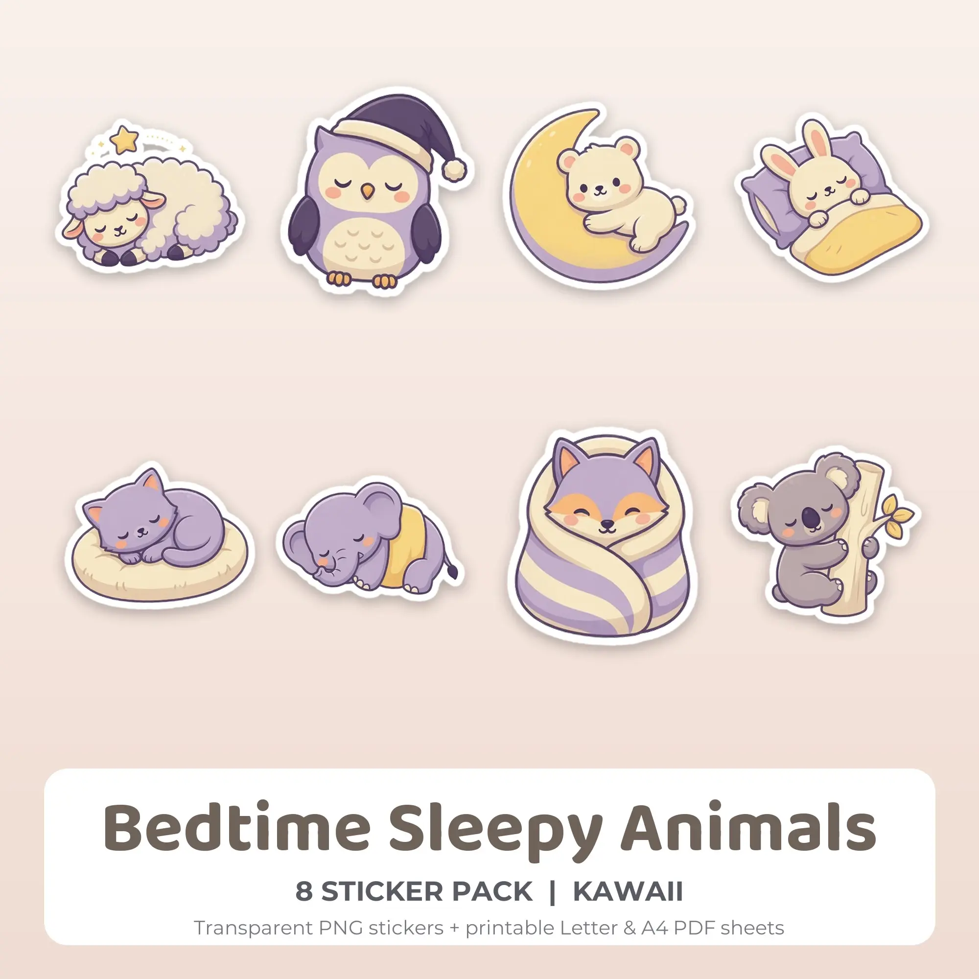 Kawaii Bedtime Sleepy Animals Sticker Set - 8 Printable PNG preview