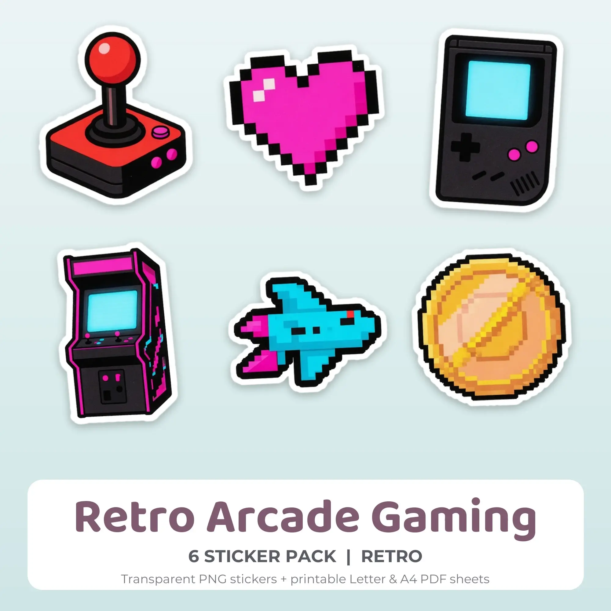 Printable Retro Arcade Gaming Sticker Pack, Retro Style - 6 PNG preview
