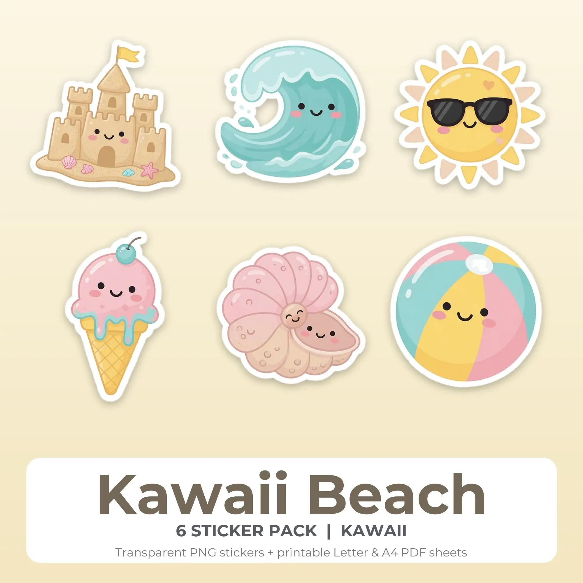Kawaii Beach Sticker Set - 6 Printable PNG preview