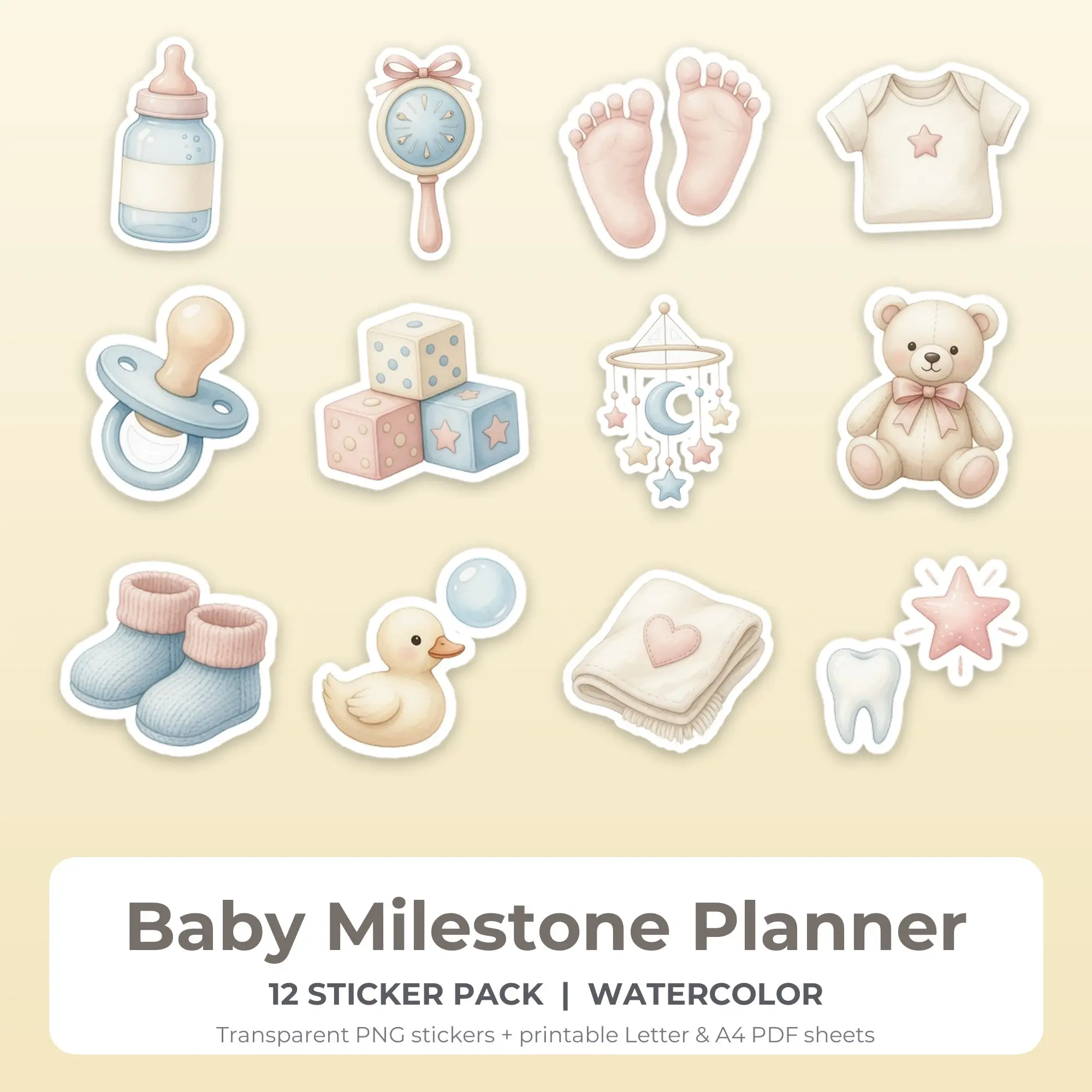Baby Milestone Planner Printable Stickers - 12 Die-Cut PNG + PDF preview