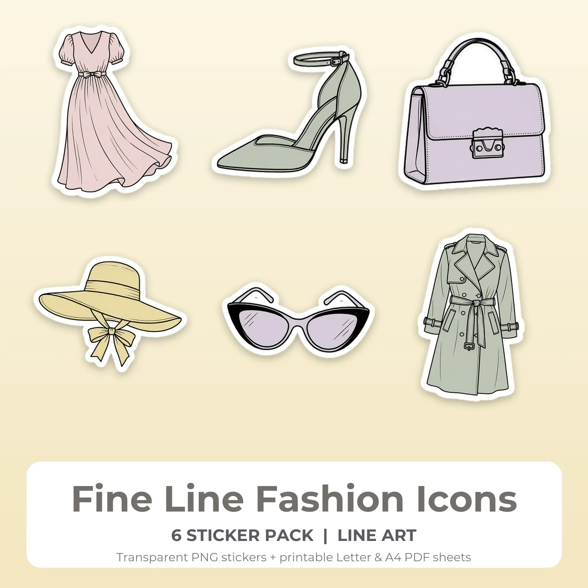 Fine Line Fashion Icons Sticker Pack - 6 Printable Stickers preview