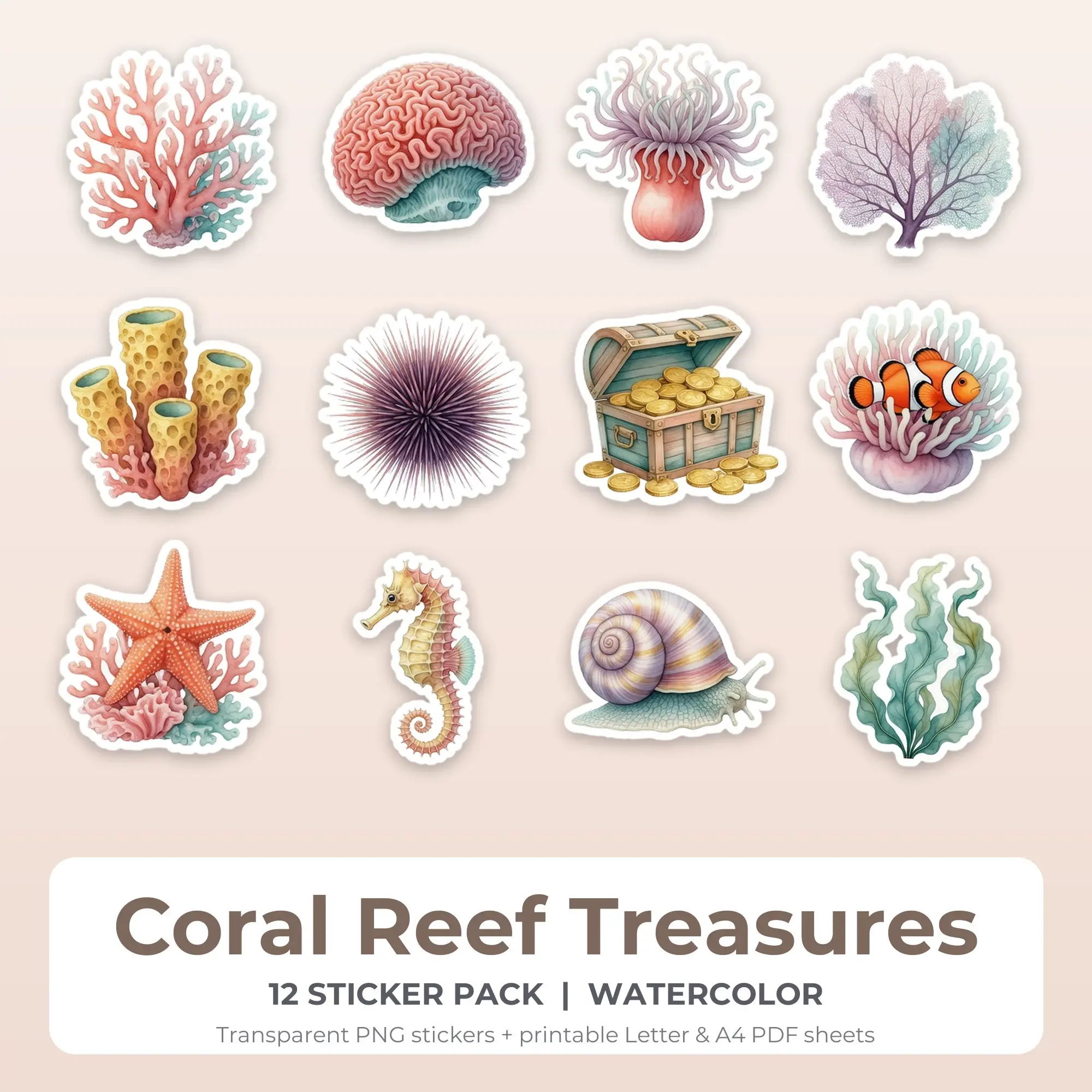 12 Coral Reef Treasures Stickers - Printable Sticker Sheet PDF preview