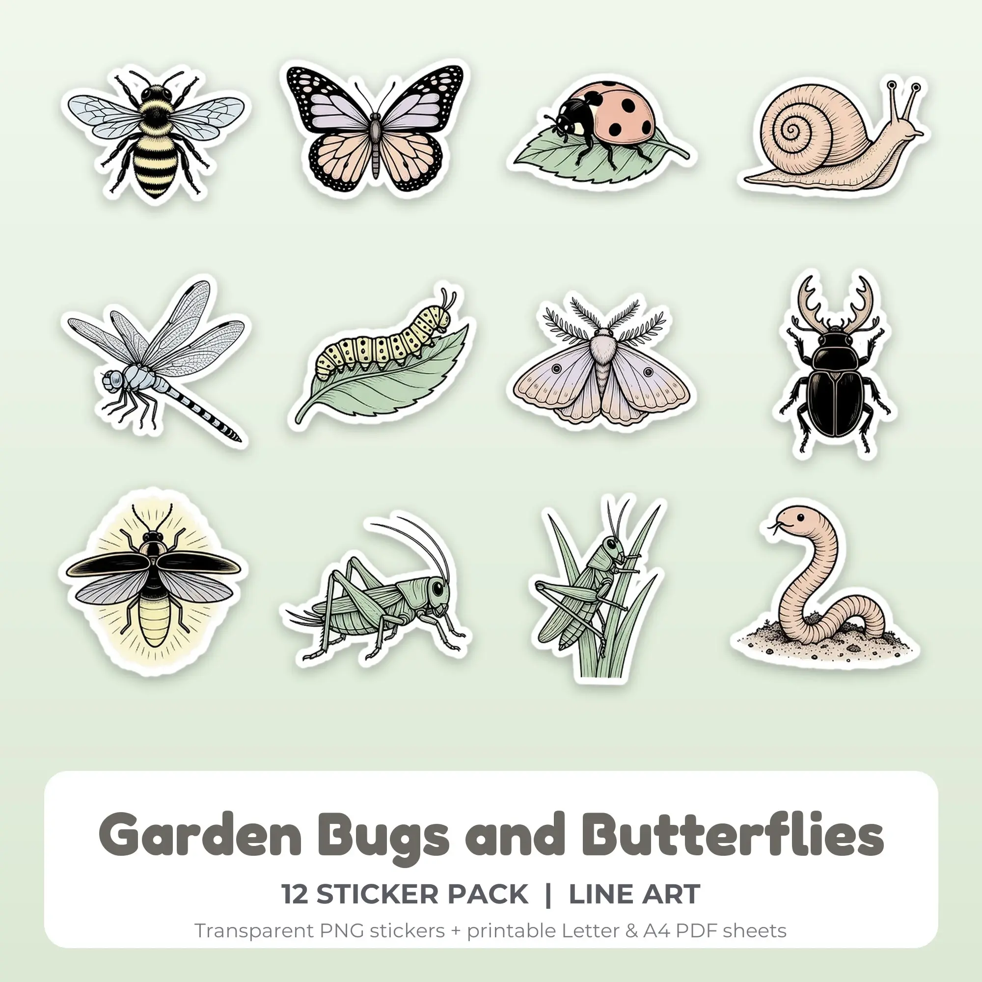 12 Garden Bugs and Butterflies Stickers - Printable Sticker Sheet PDF preview