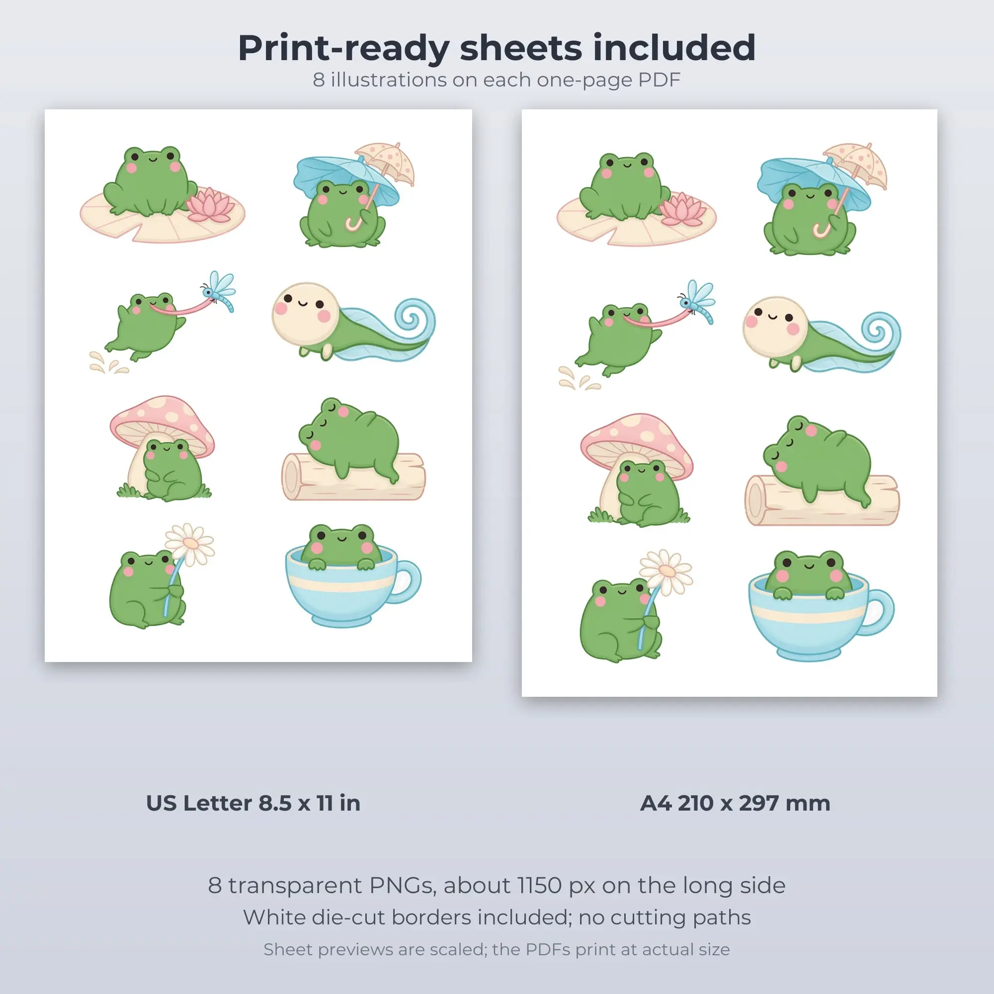 Printable Kawaii Frog Pond Sticker Pack, Kawaii Style - 8 PNG, preview 2 of 2
