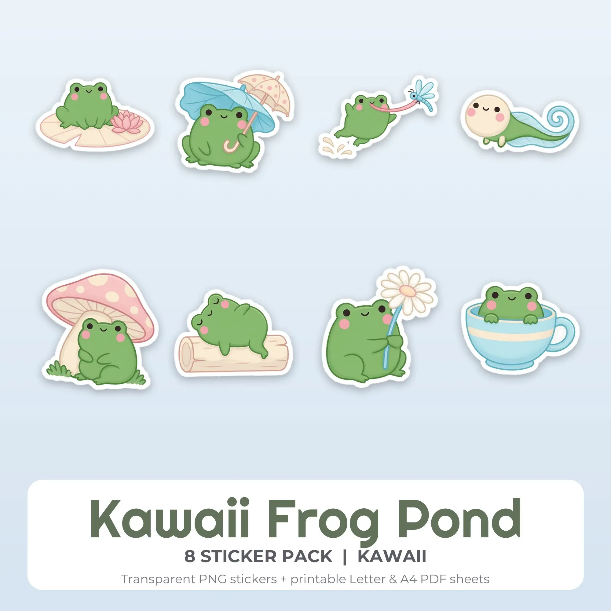 Printable Kawaii Frog Pond Sticker Pack, Kawaii Style - 8 PNG preview
