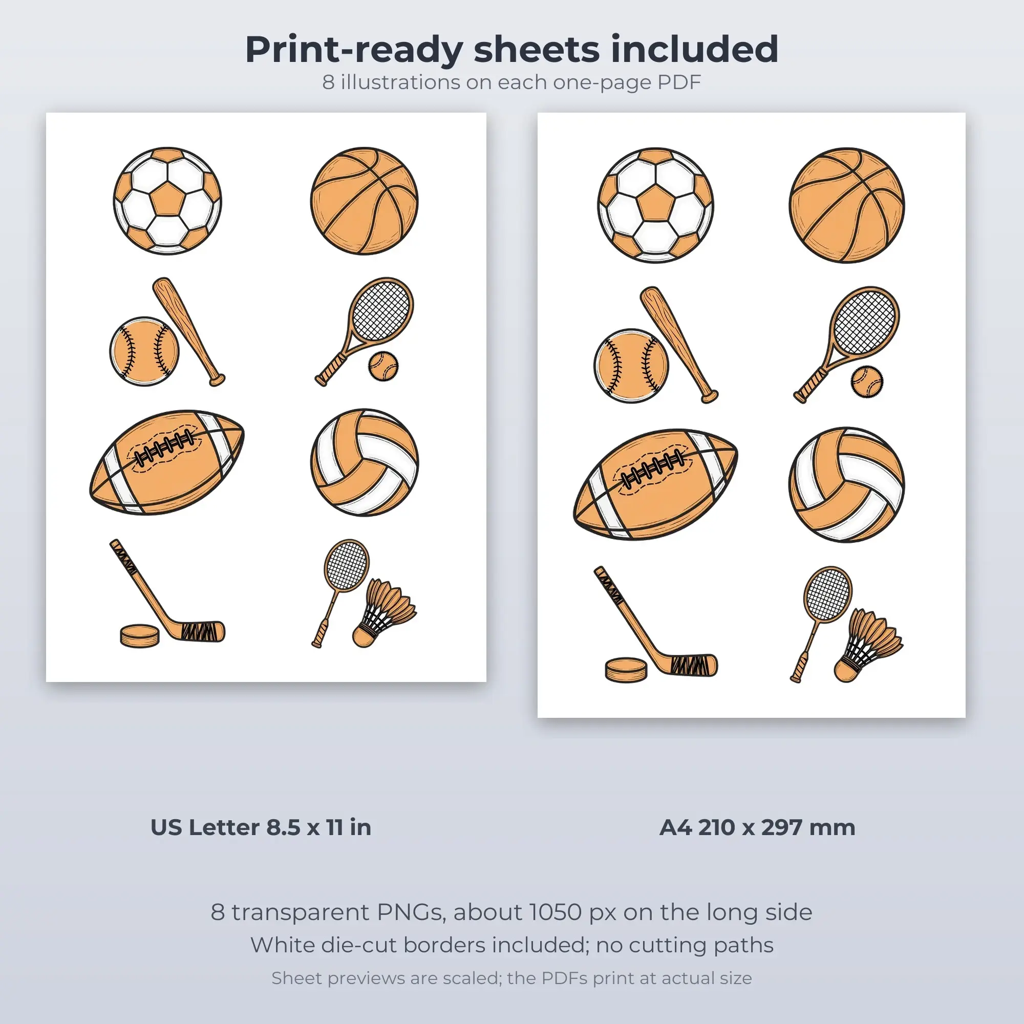 Sports Equipment Doodles Stickers, 8 PNG + Printable PDF Sheet, preview 2 of 2