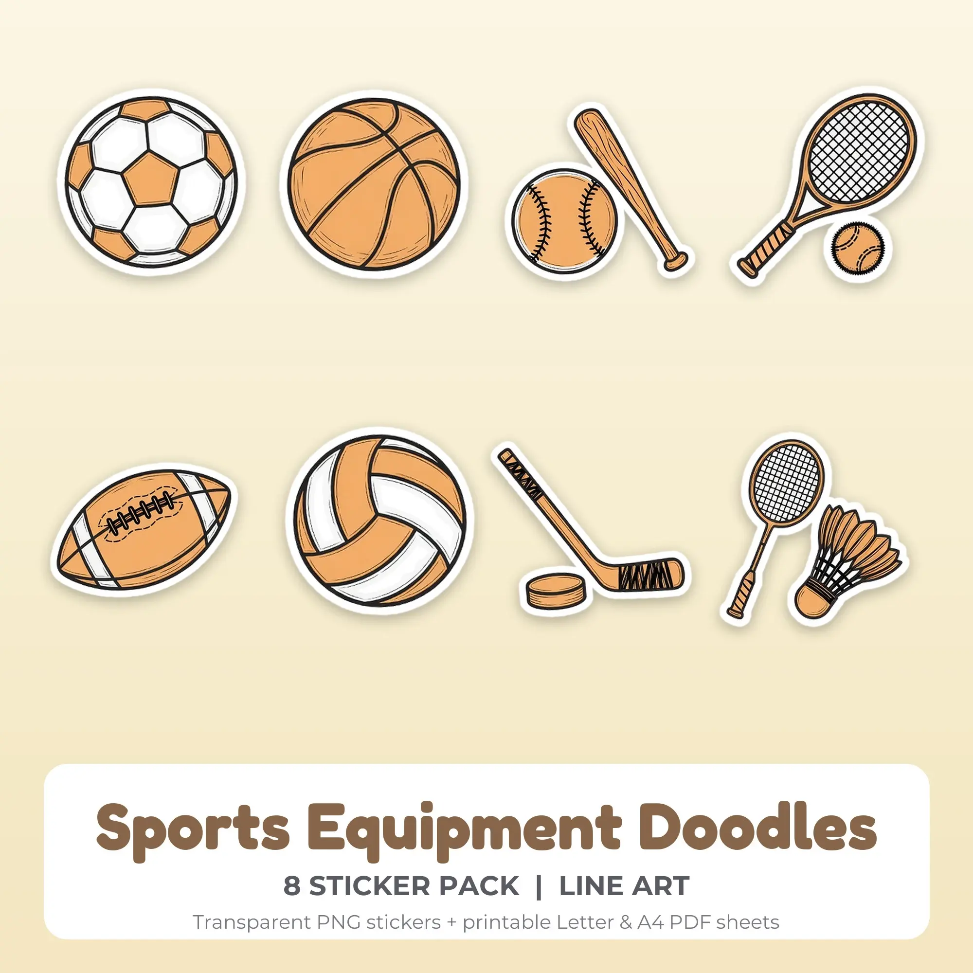 Sports Equipment Doodles Stickers, 8 PNG + Printable PDF Sheet preview