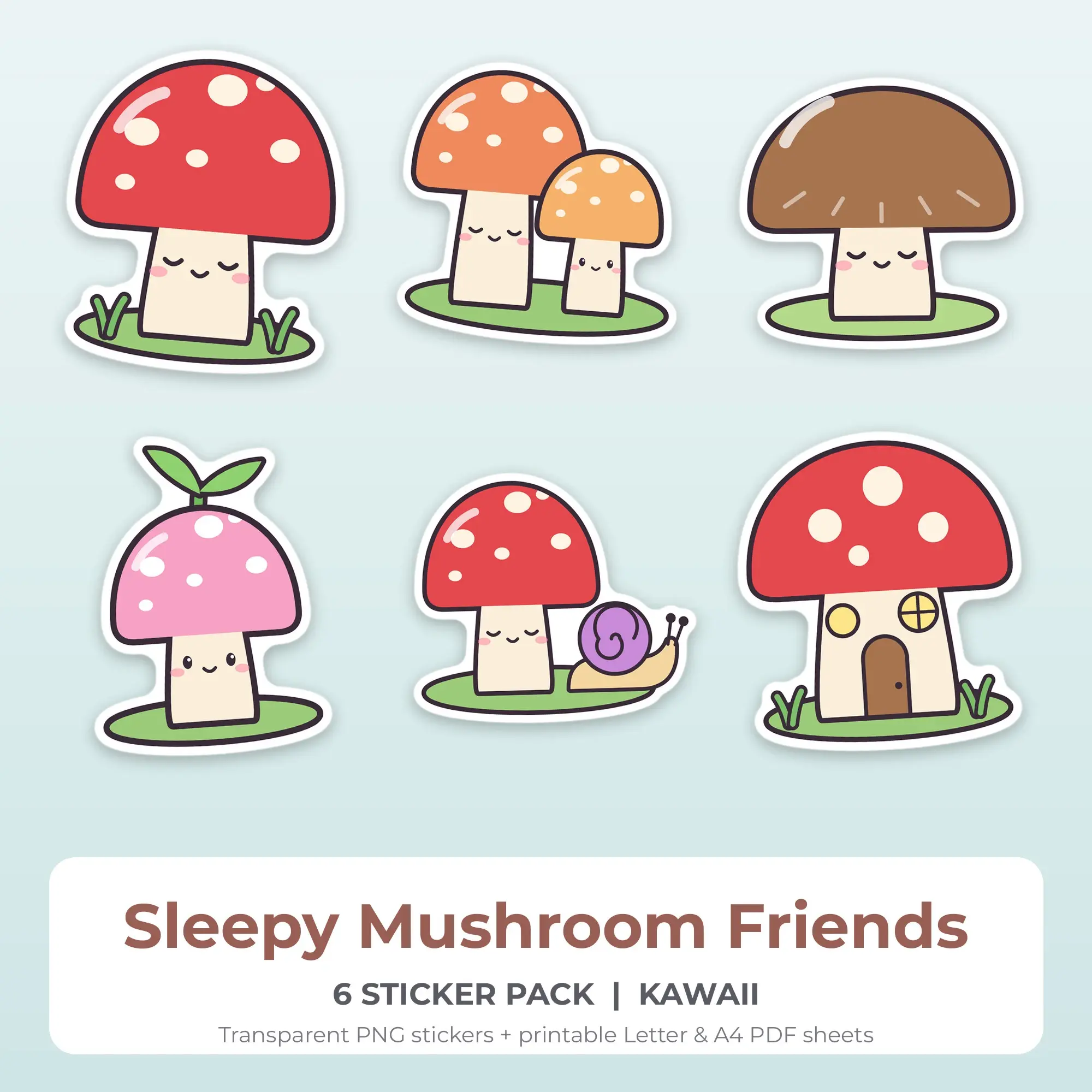 6 Sleepy Mushroom Friends Stickers - Printable Sticker Sheet PDF preview