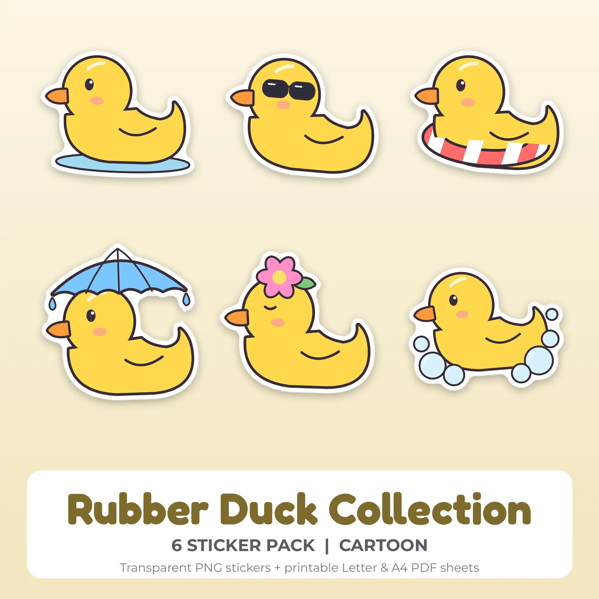 Cartoon Rubber Duck Collection Sticker Set - 6 Printable PNG preview