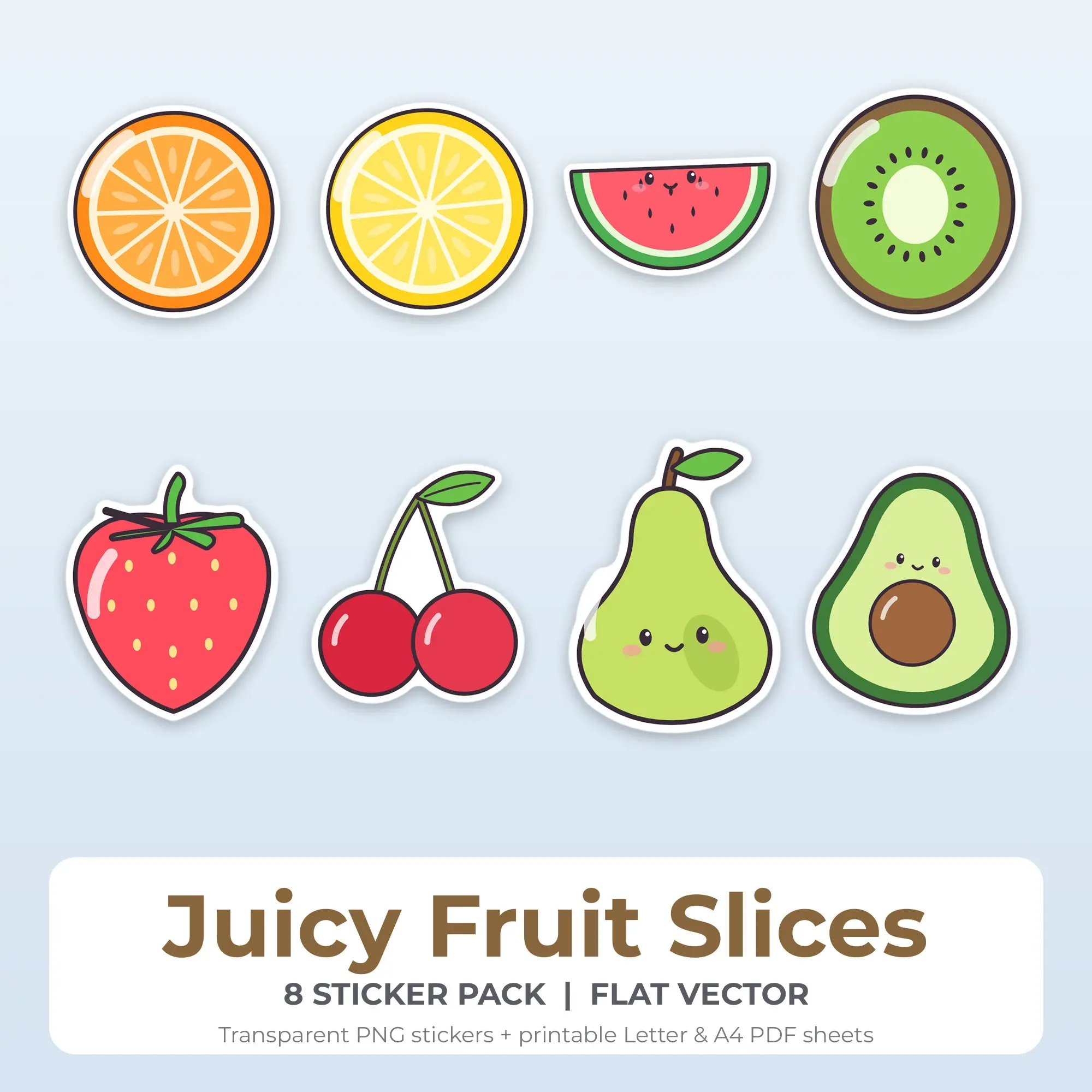 Flat Vector Juicy Fruit Slices Sticker Set - 8 Printable PNG preview