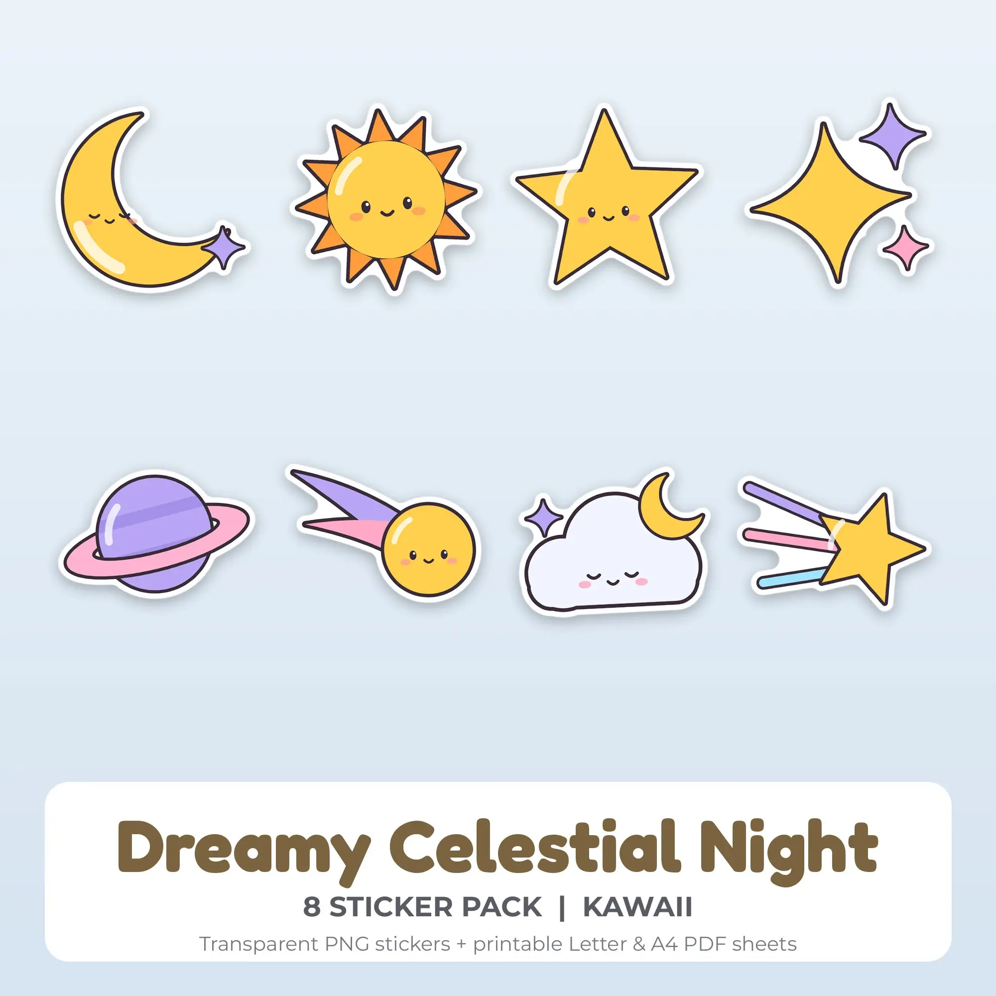 8 Dreamy Celestial Night Stickers - Printable Sticker Sheet PDF preview