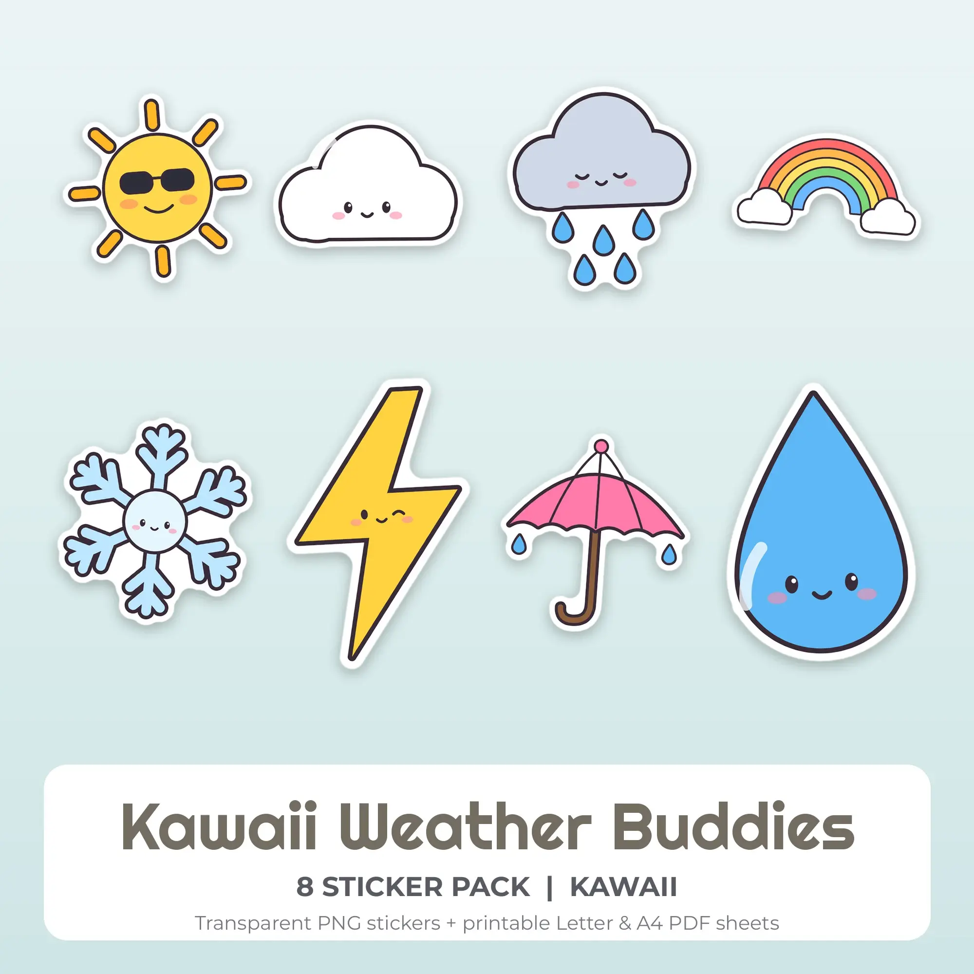 Kawaii Weather Buddies Sticker Set - 8 Printable PNG preview