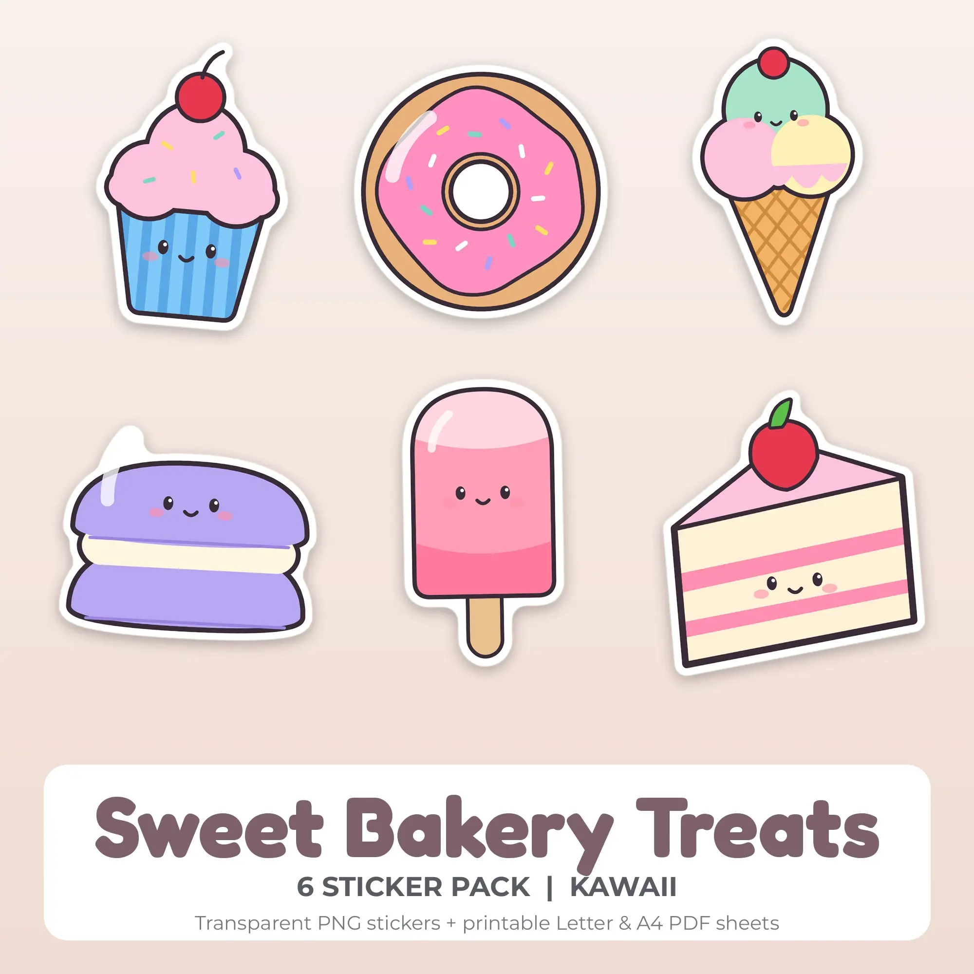 Sweet Bakery Treats Printable Stickers - 6 Die-Cut PNG + PDF preview