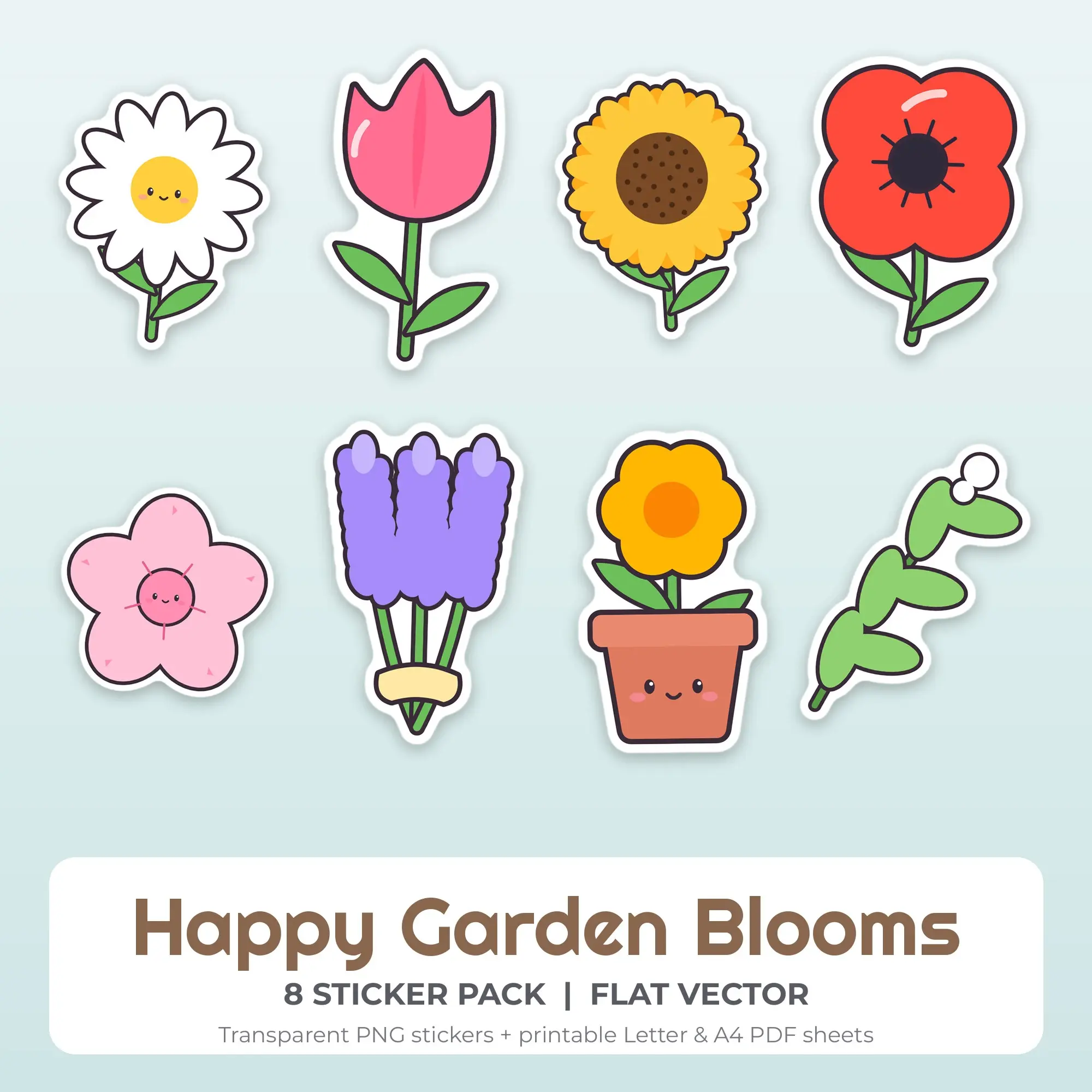 Happy Garden Blooms Stickers, 8 PNG + Printable PDF Sheet preview