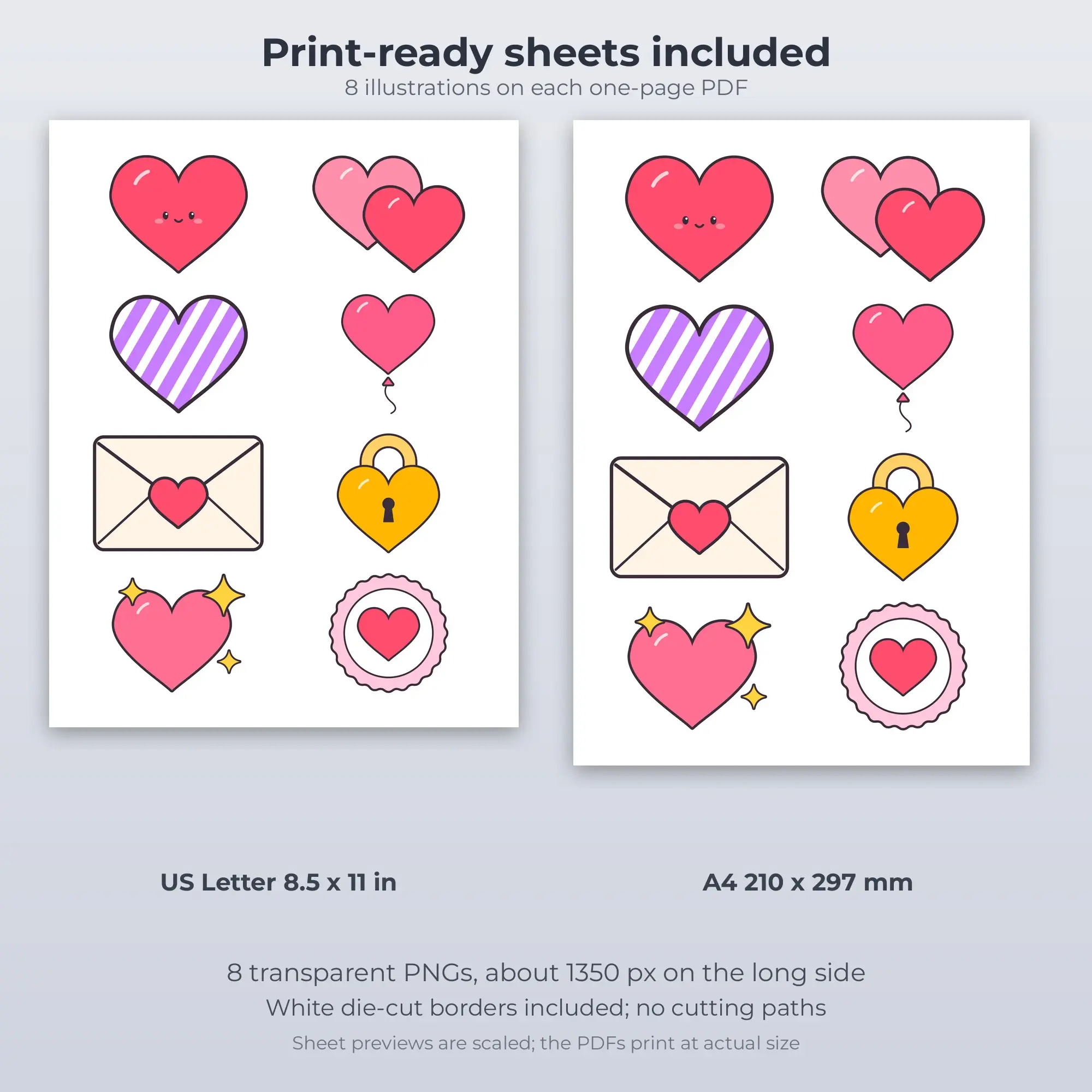 Printable Little Love Hearts Sticker Pack, Kawaii Style - 8 PNG, preview 2 of 2