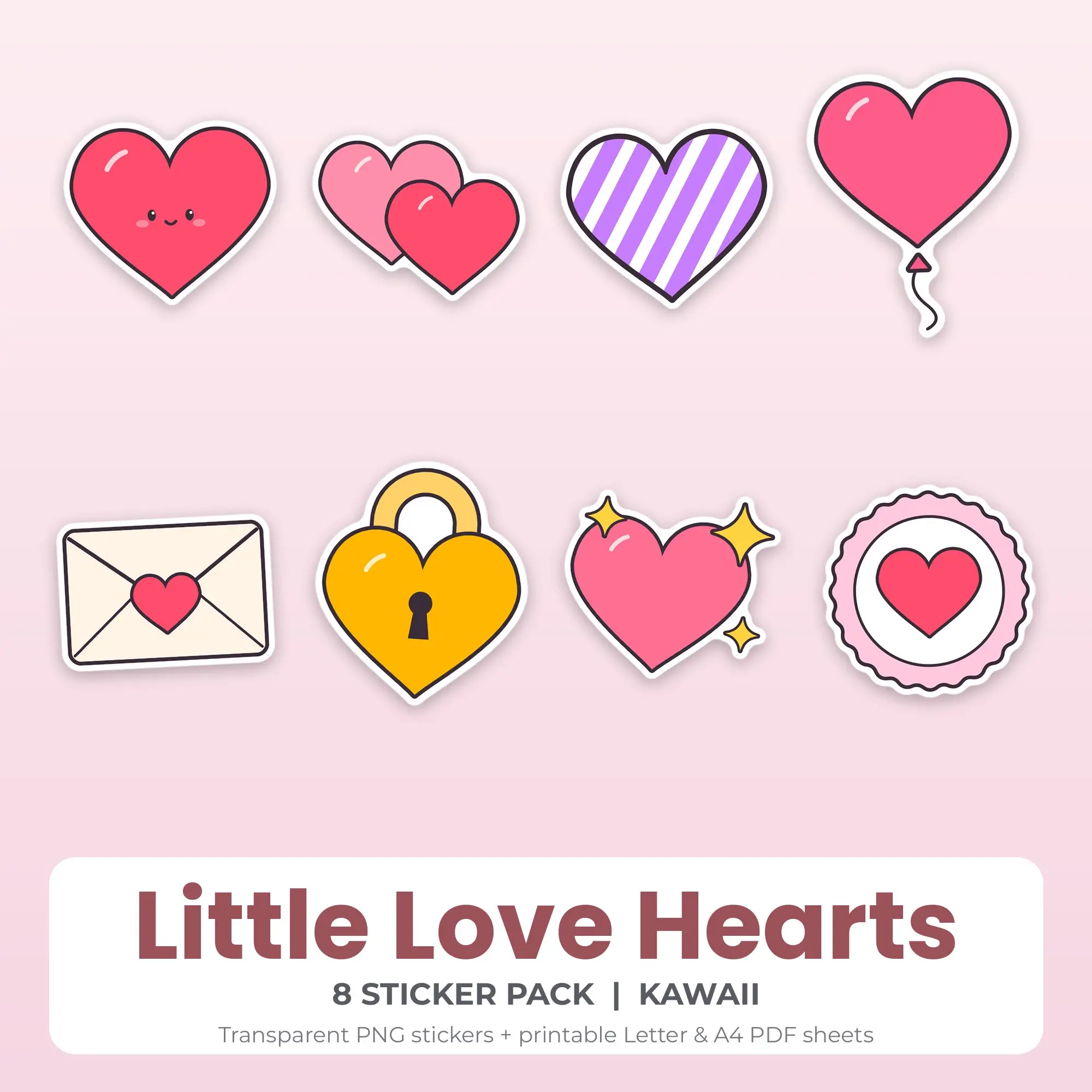 Printable Little Love Hearts Sticker Pack, Kawaii Style - 8 PNG, preview 1 of 2