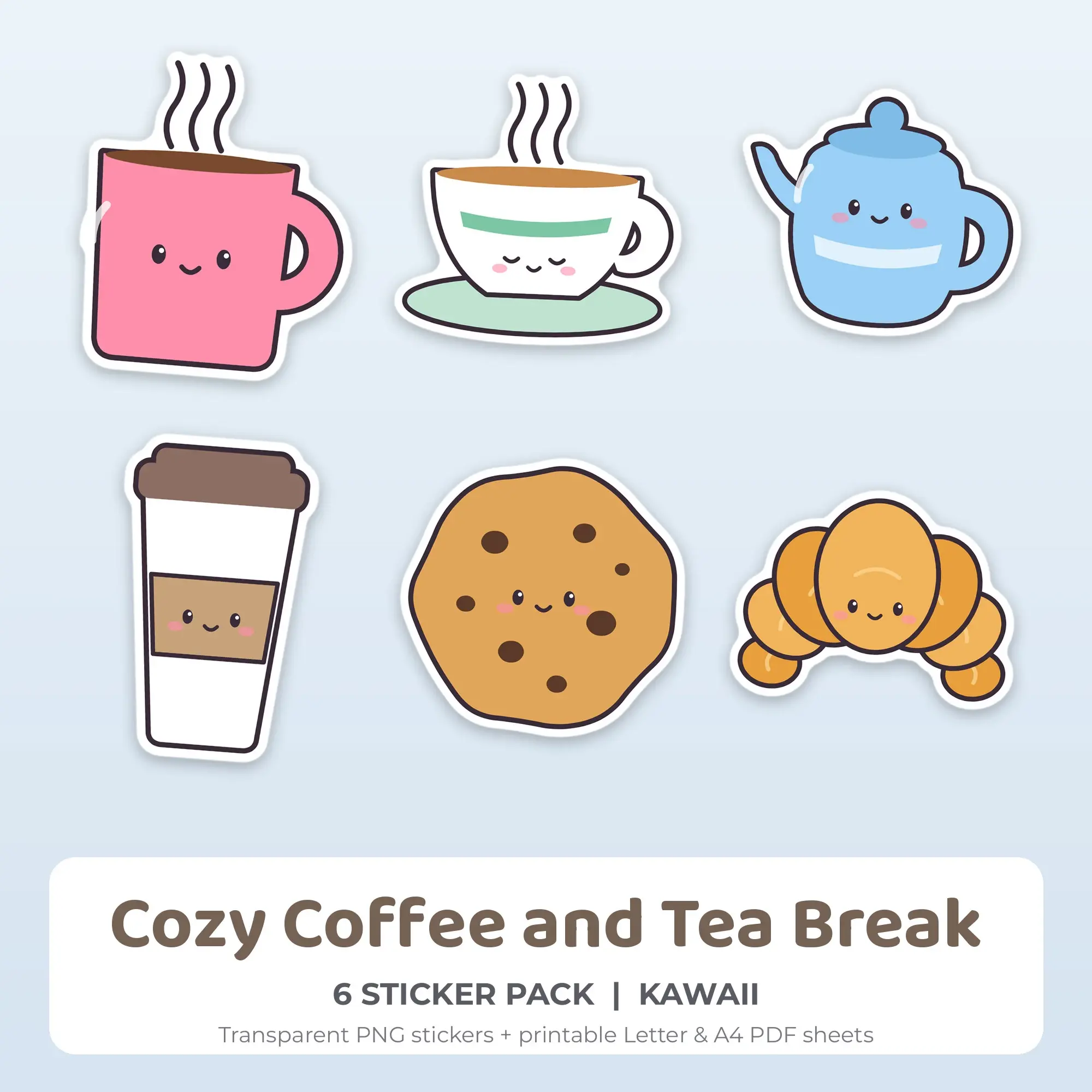 Cozy Coffee and Tea Break Stickers, 6 PNG + Printable PDF Sheet preview