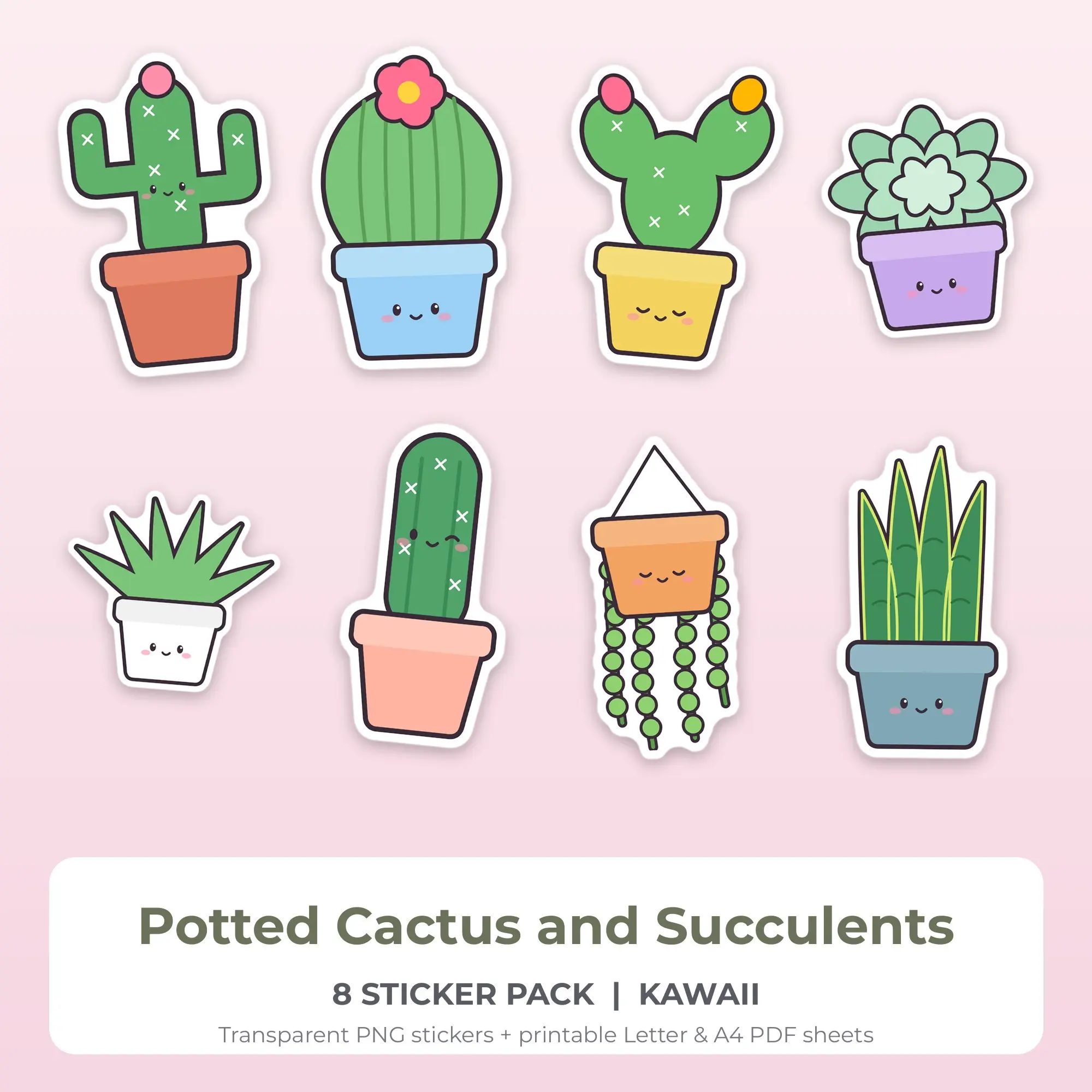 8 Potted Cactus and Succulents Stickers - Printable Sticker Sheet PDF, preview 1 of 2