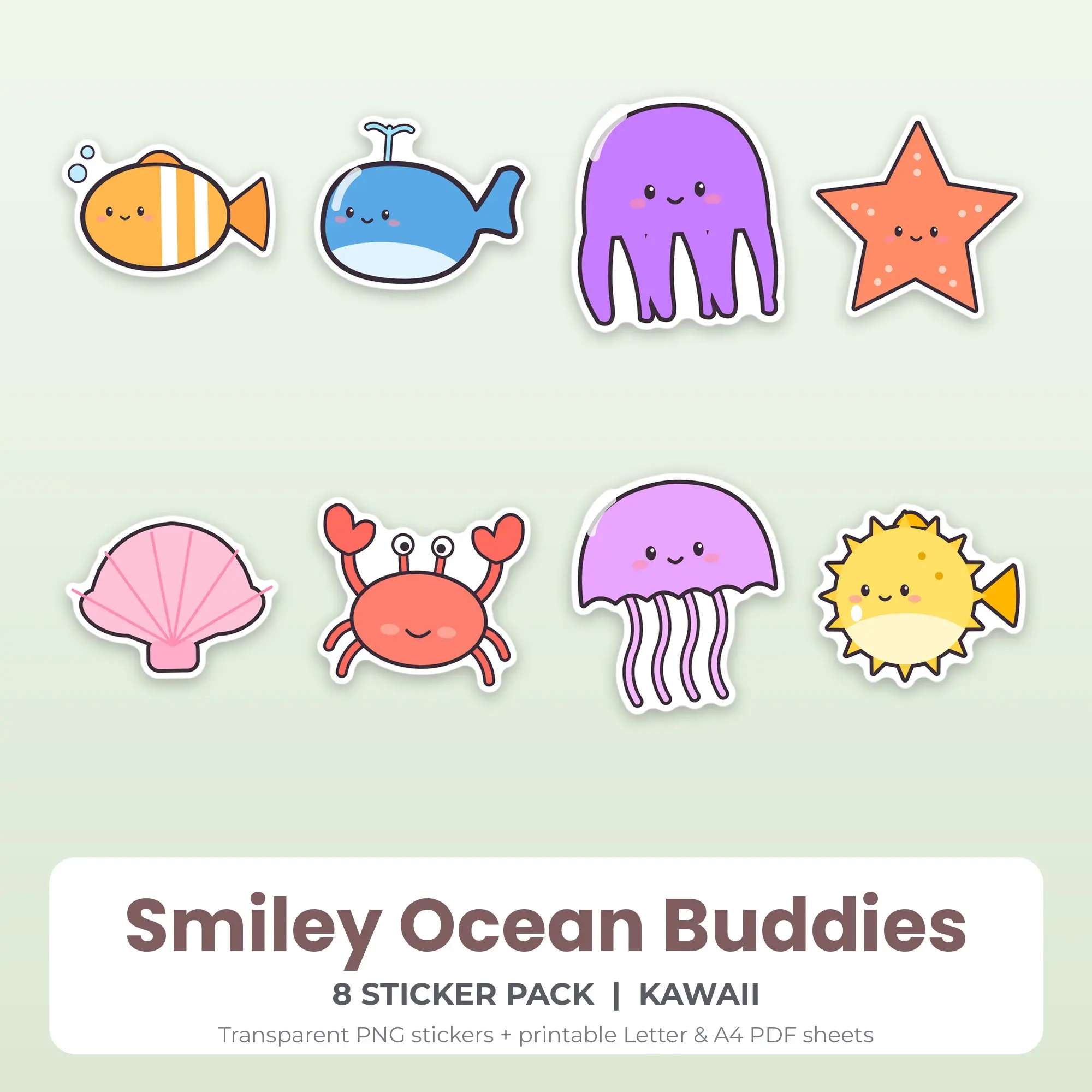Printable Smiley Ocean Buddies Sticker Pack, Kawaii Style - 8 PNG preview