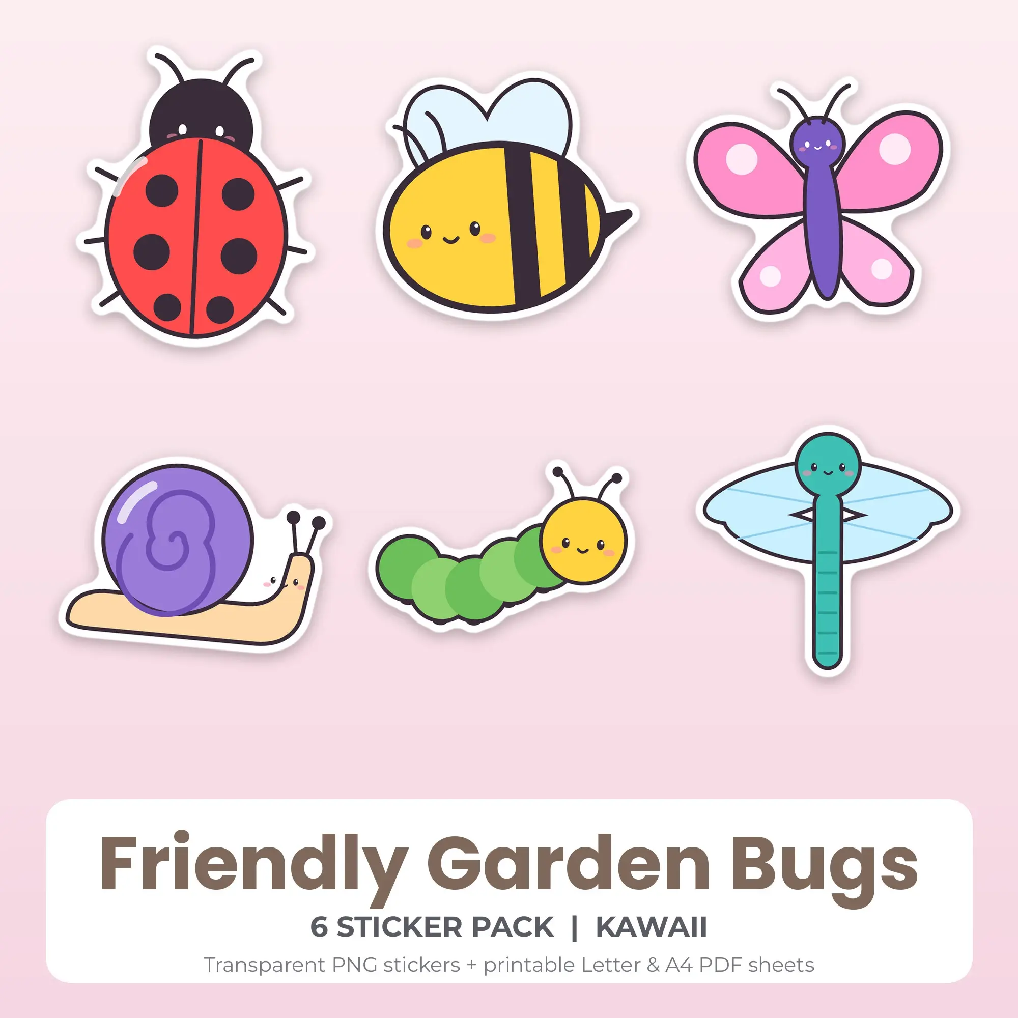 Friendly Garden Bugs Printable Stickers - 6 Die-Cut PNG + PDF preview