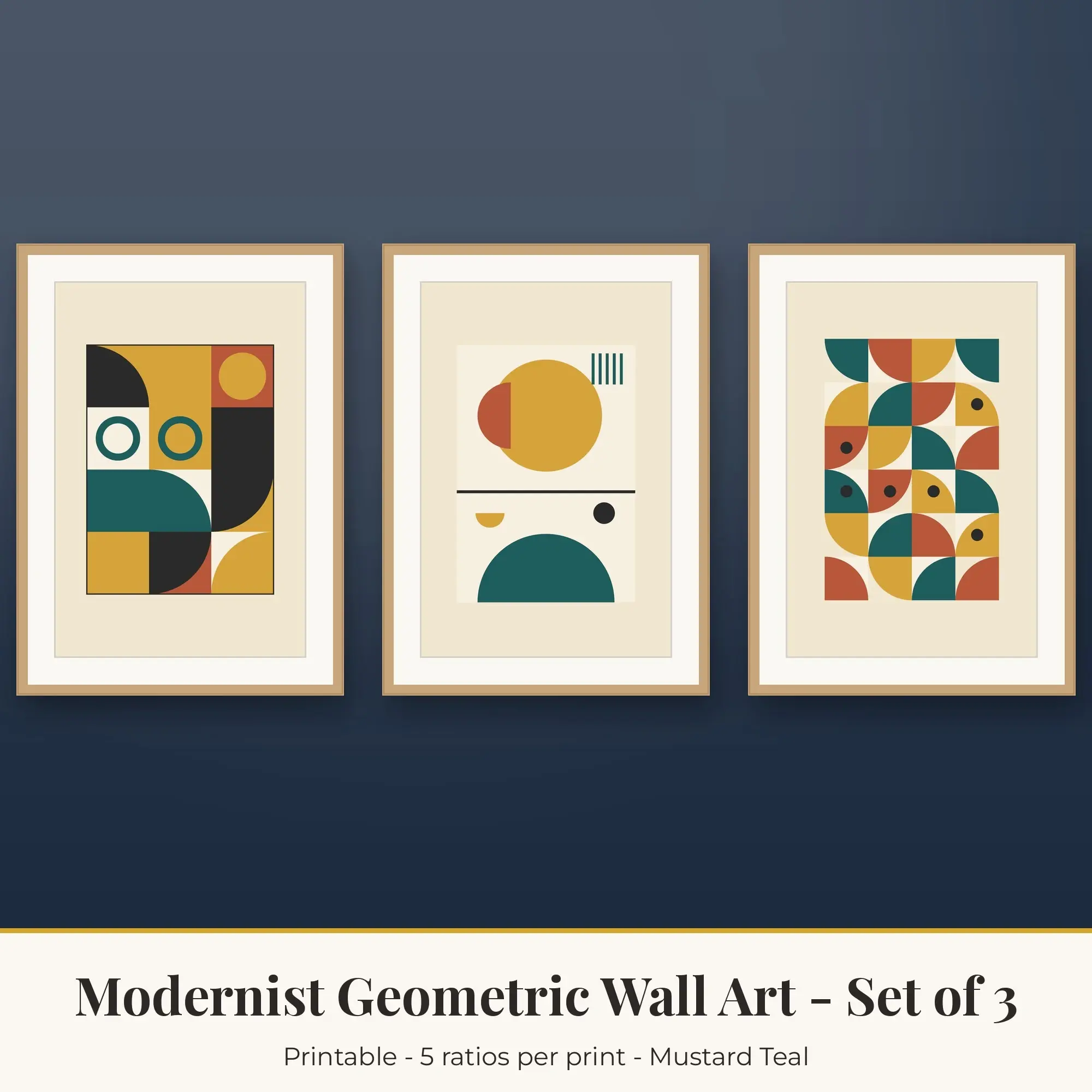 Modernist Geometric Wall Art Set of 3, Mustard Teal Shape Prints preview