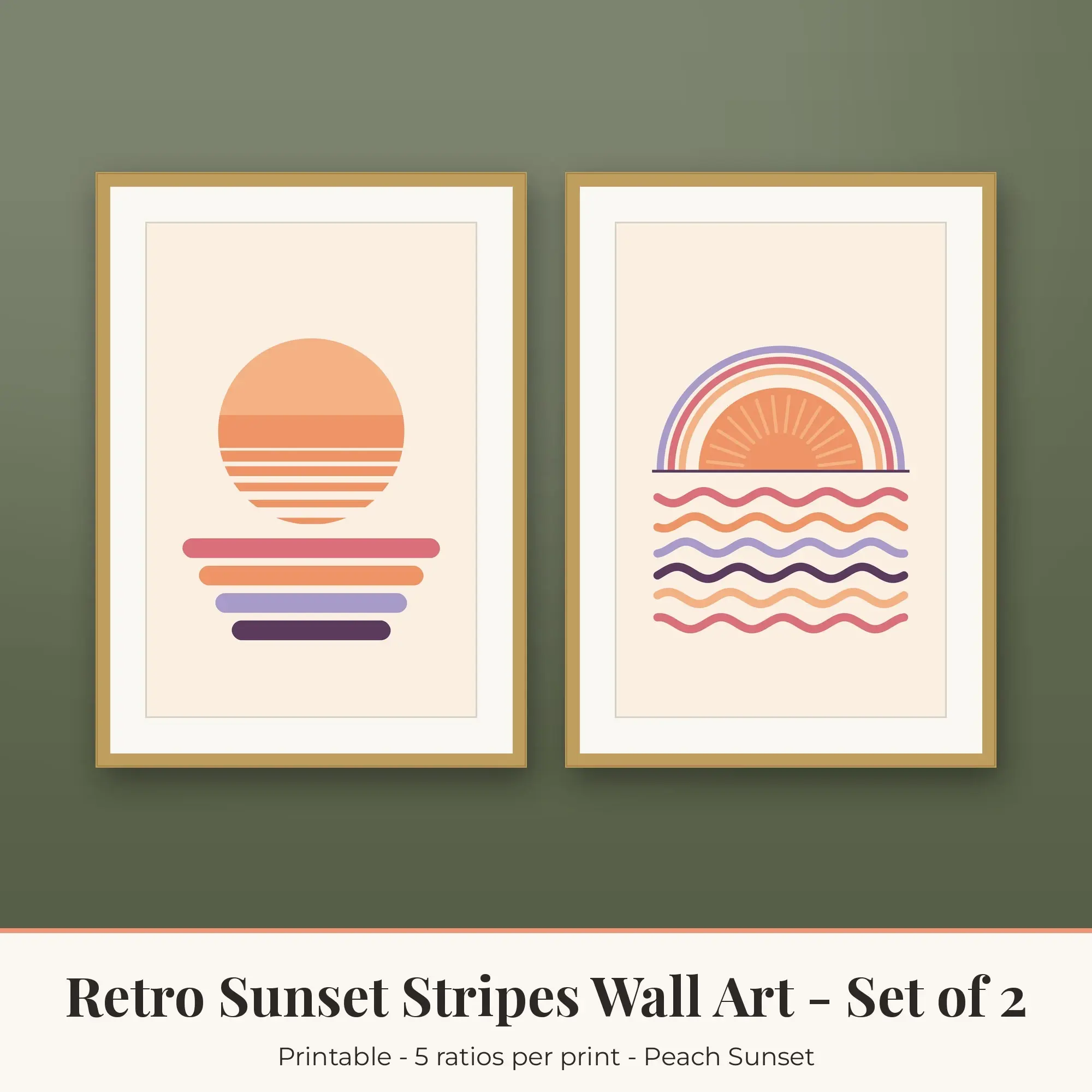 Retro Sunset Stripes Wall Art Set of 2, Peach Sun Printables preview