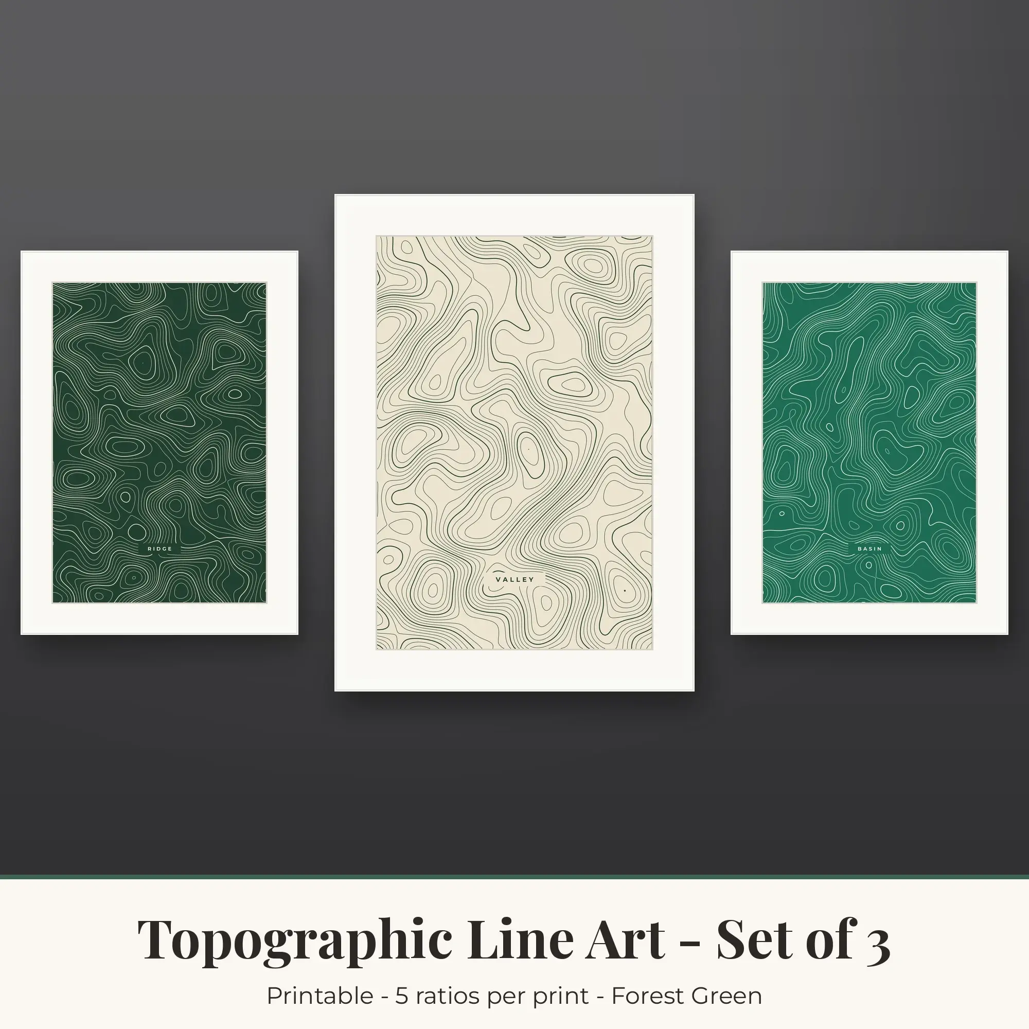 Topographic Line Art Set of 3, Forest Green Contour Prints preview