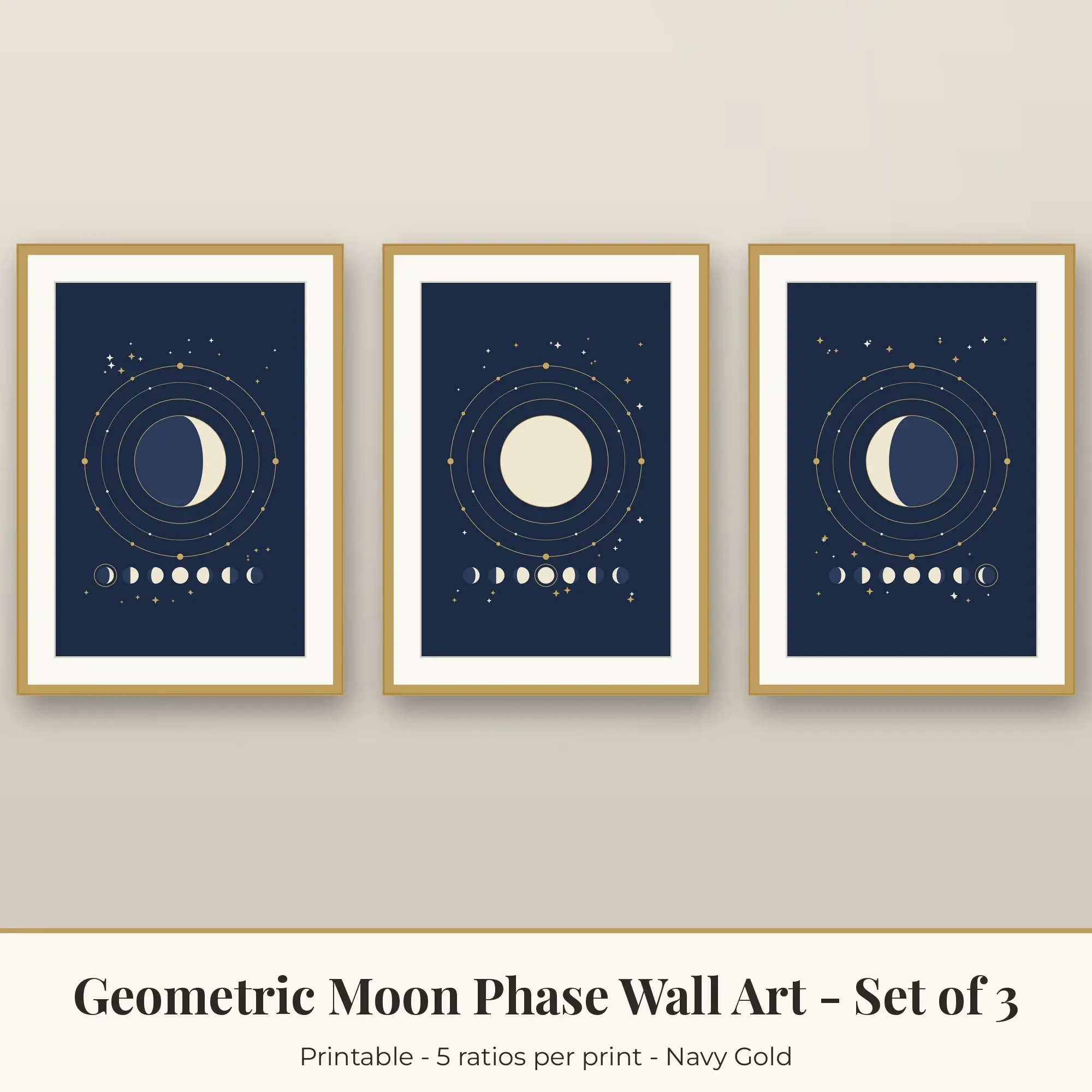 Geometric Moon Phase Wall Art Set of 3, Navy Gold Printable preview